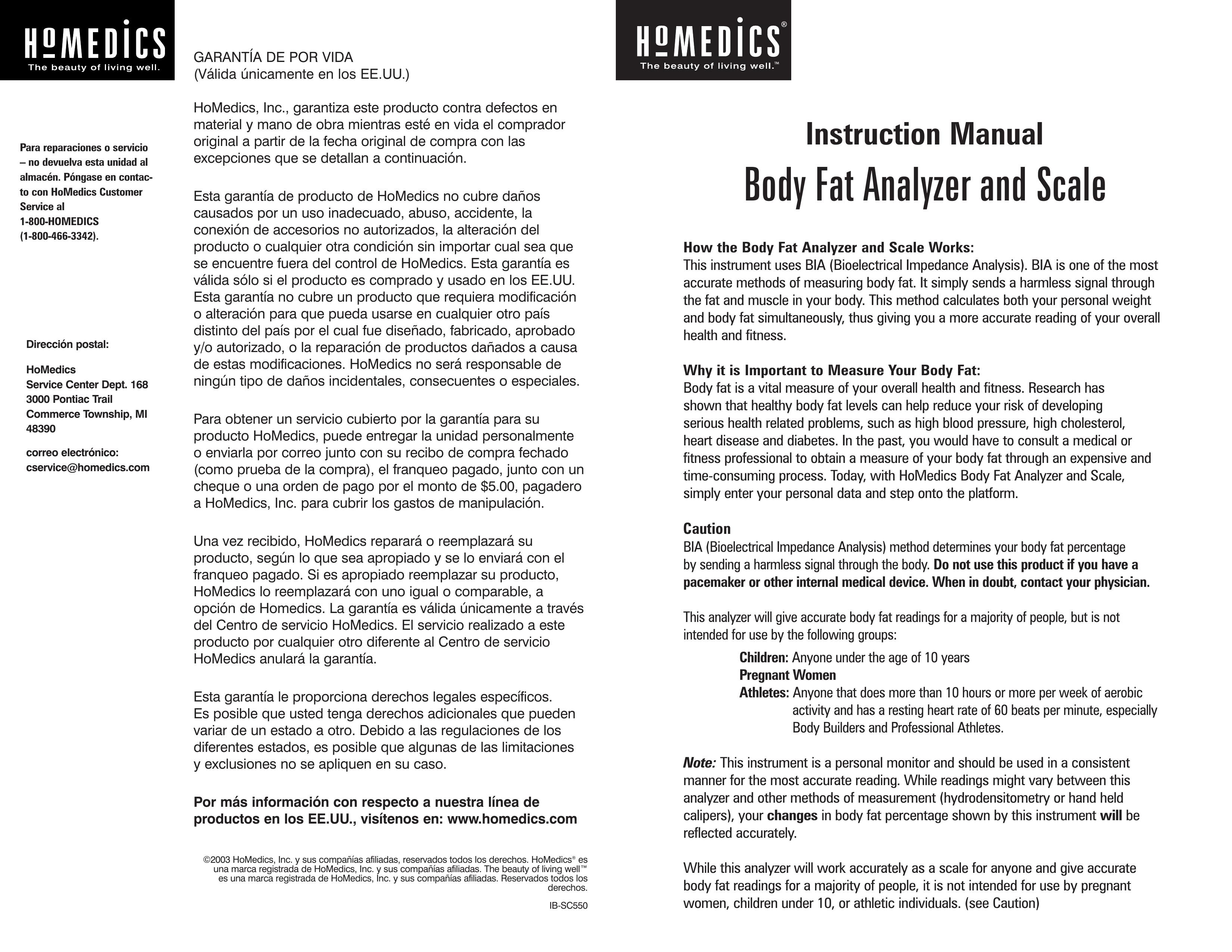 HoMedics Body Fat Monitor Scale User Manual
