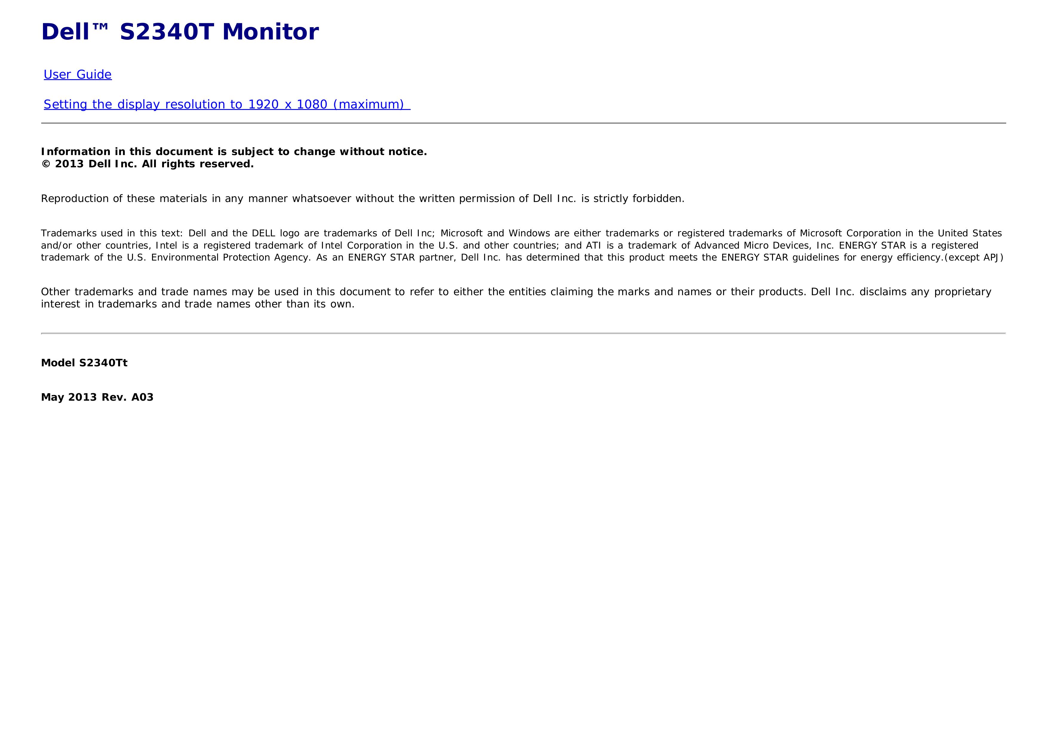 Dell S2340T Sleep Apnea Machine User Manual