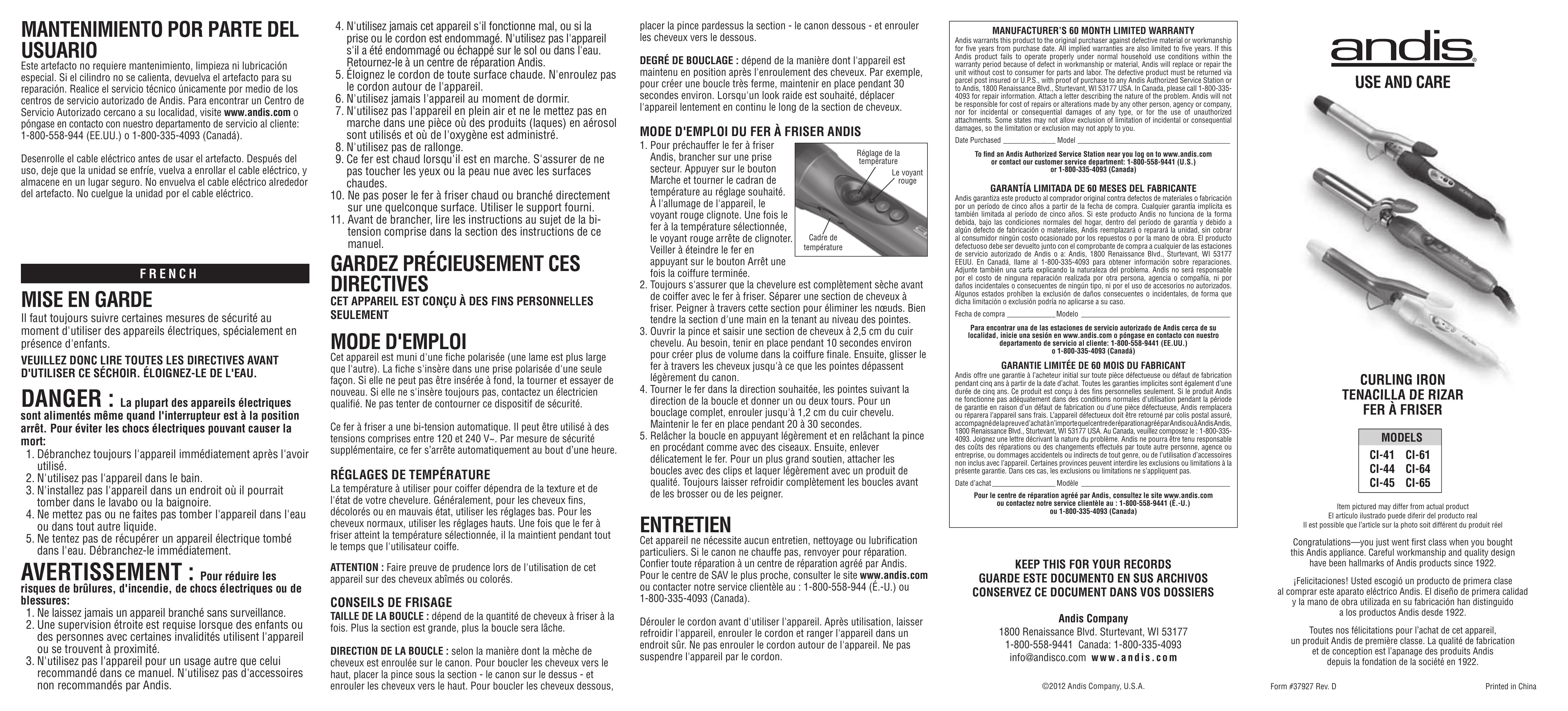 Andis Company CI-41 Styling Iron User Manual