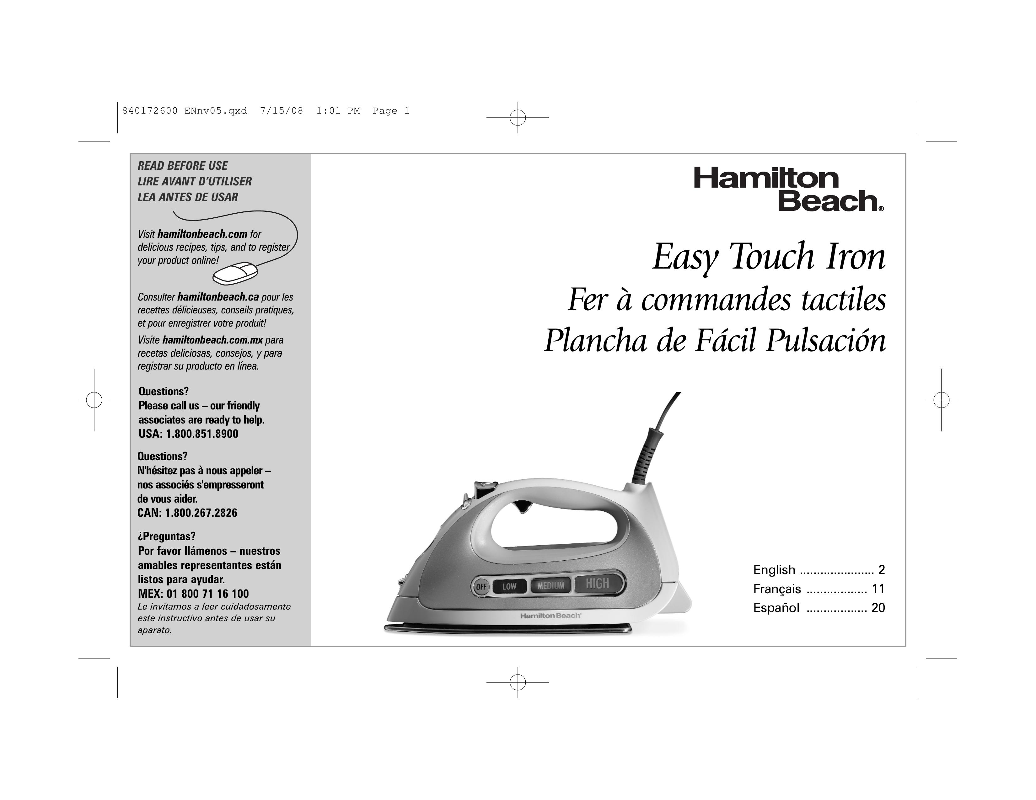 Hamilton Beach Easy Touch Iron Styling Iron User Manual