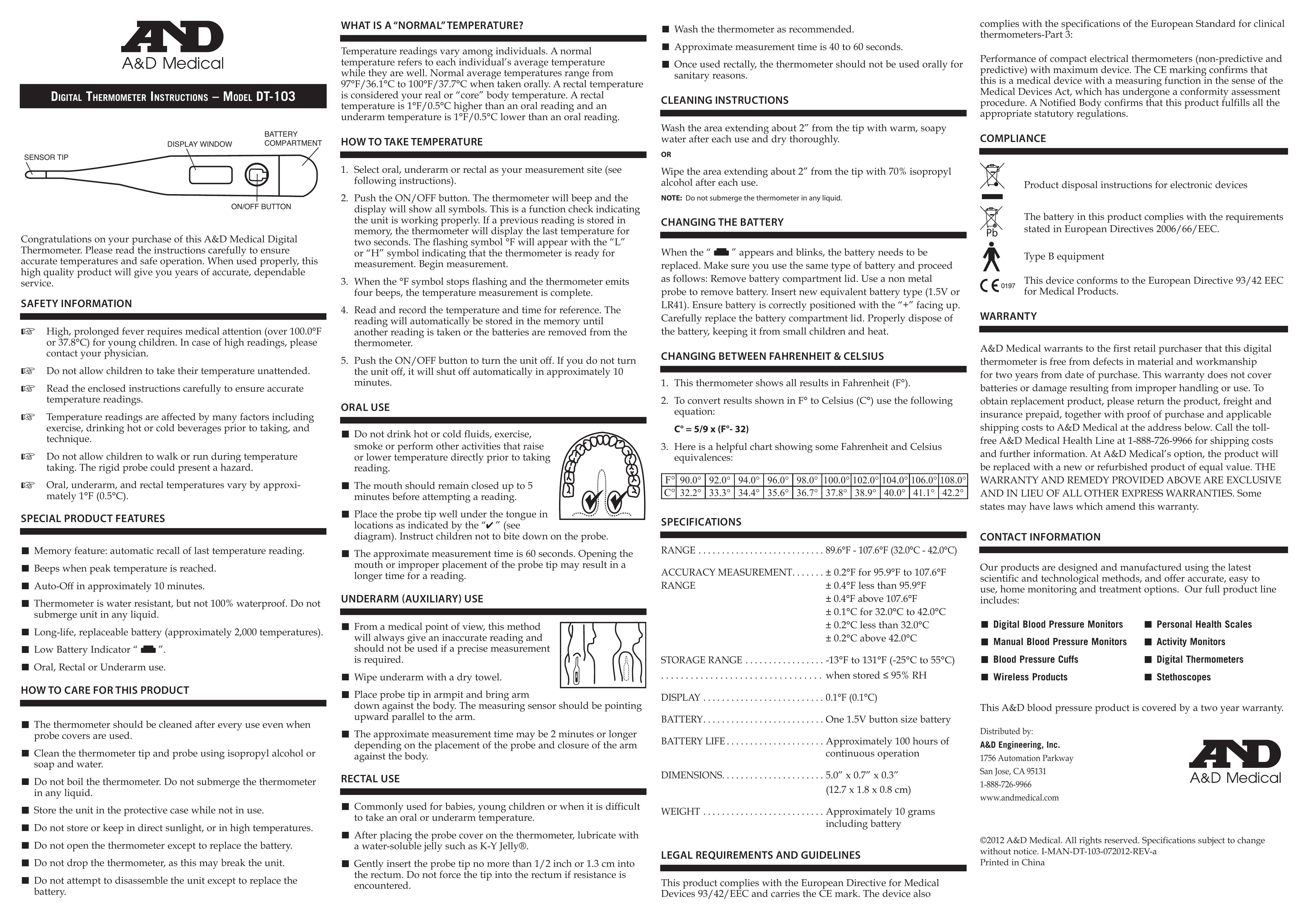 A&D DT-103 Thermometer User Manual