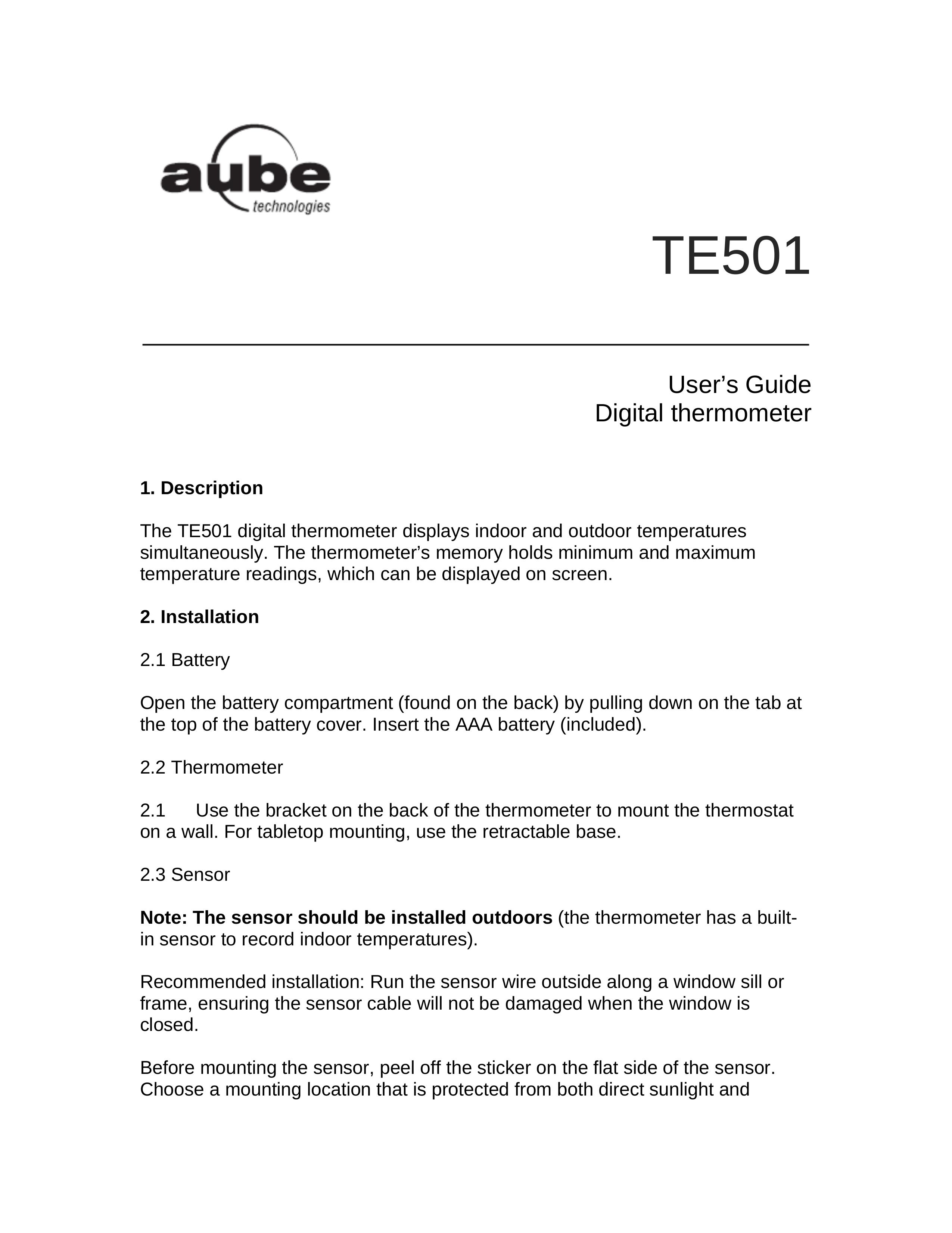 Aube Technologies TE501 Thermometer User Manual