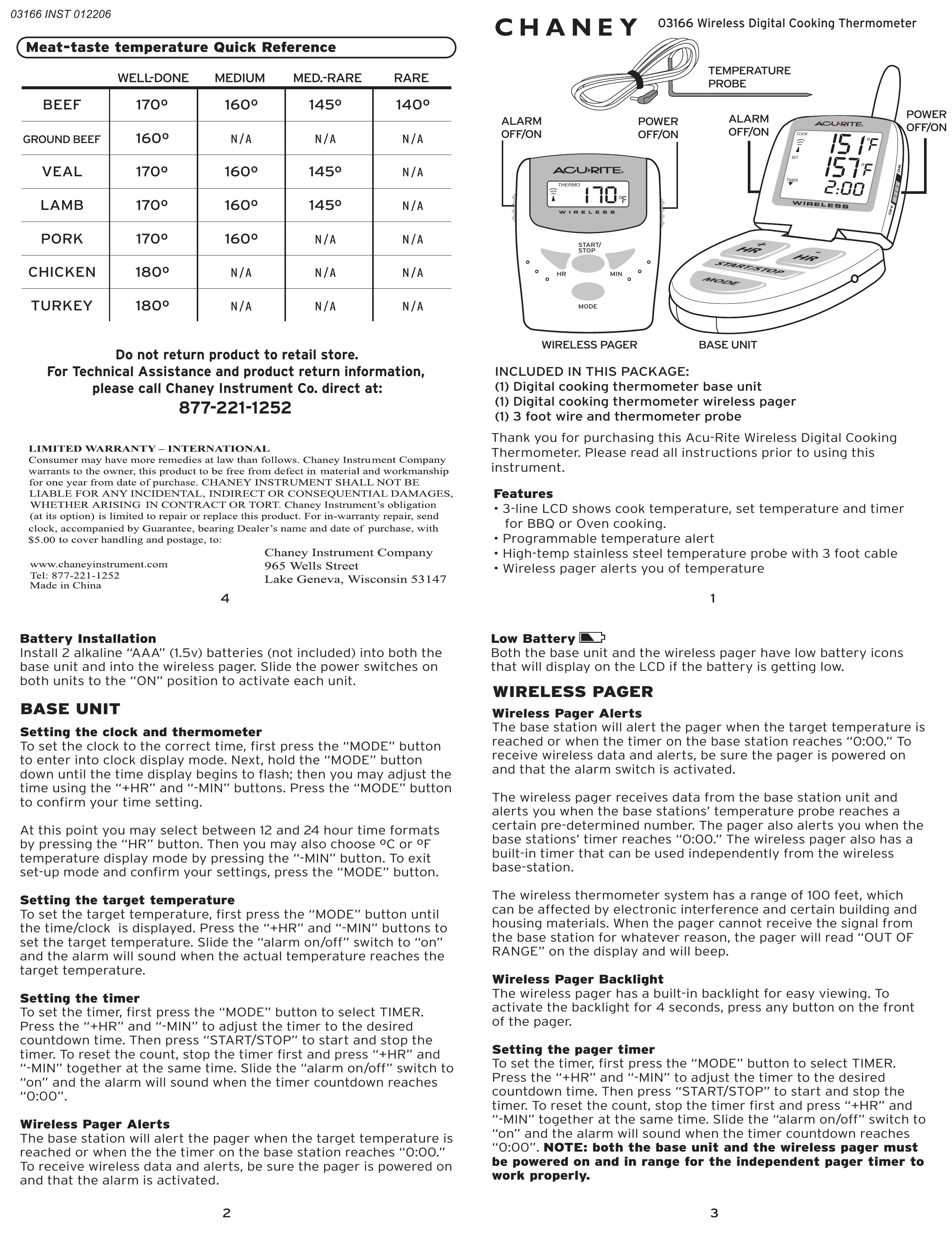 Chaney Instrument 3166 Thermometer User Manual