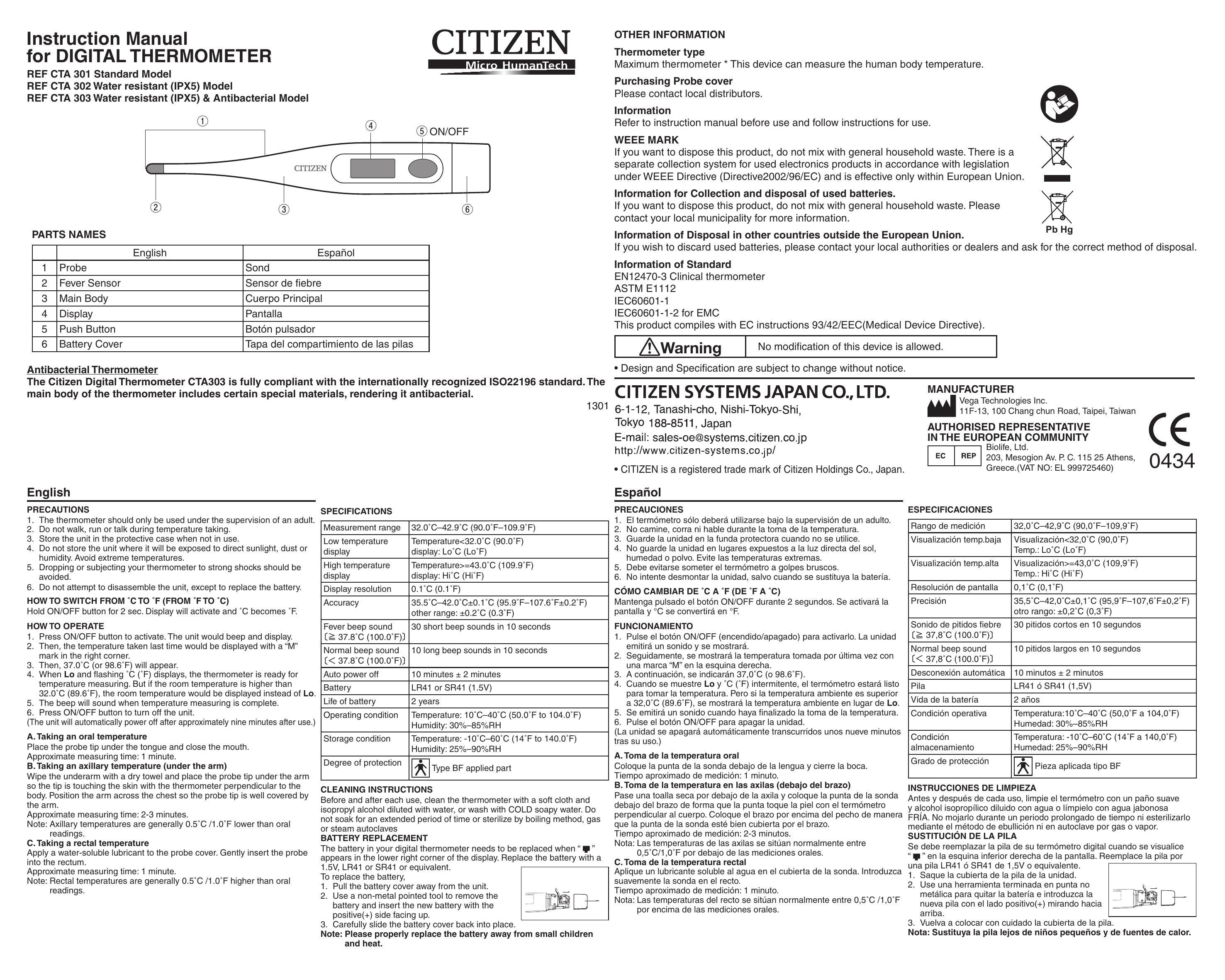 Citizen Systems REF CTA 301 Thermometer User Manual
