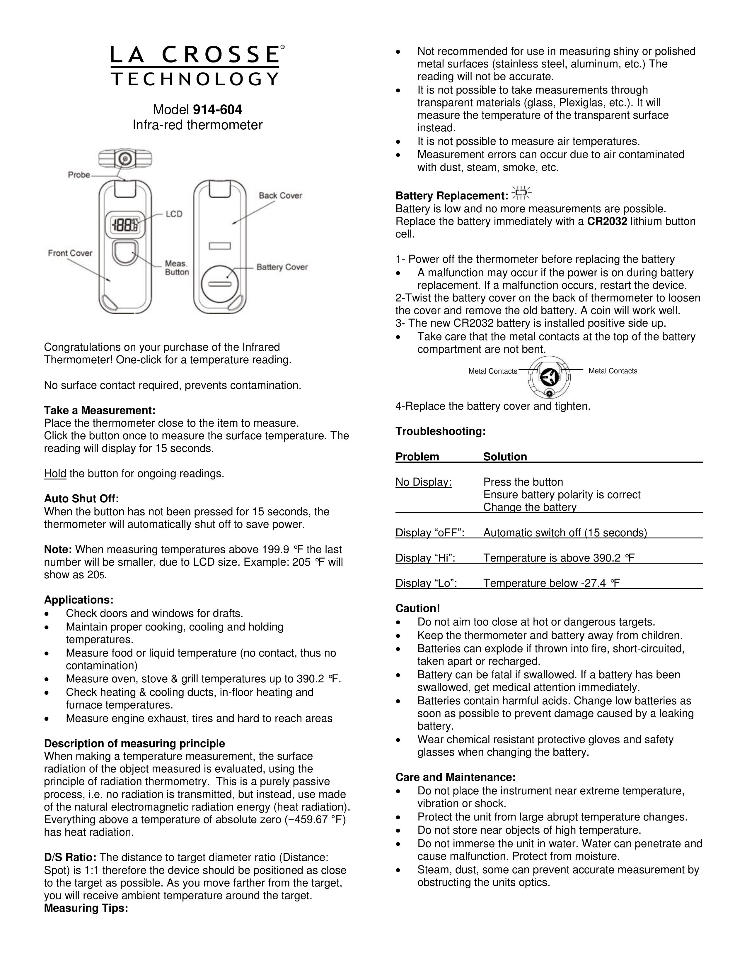 La Crosse Technology 914-604 Thermometer User Manual