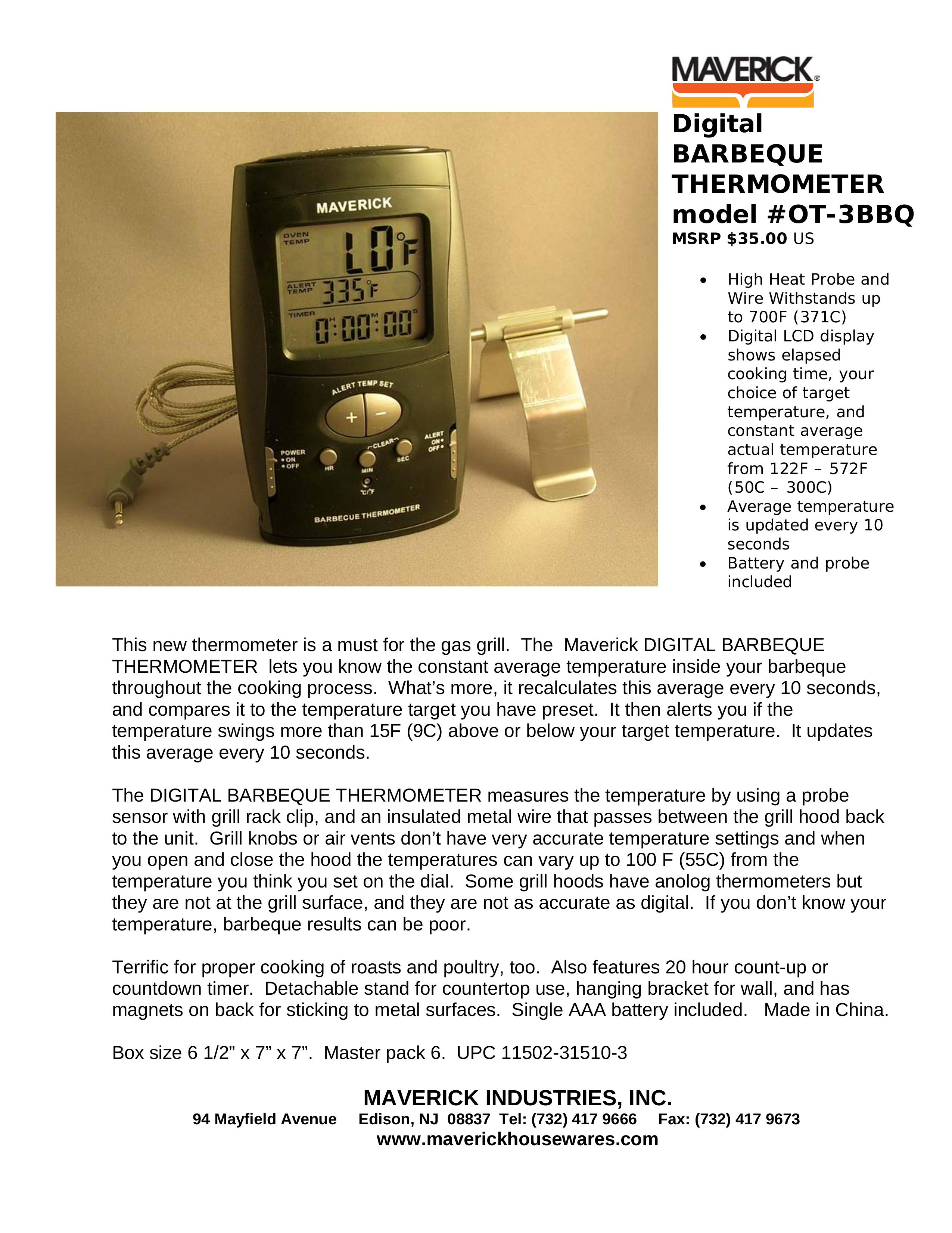 Maverick Ventures OT-3BBQ Thermometer User Manual