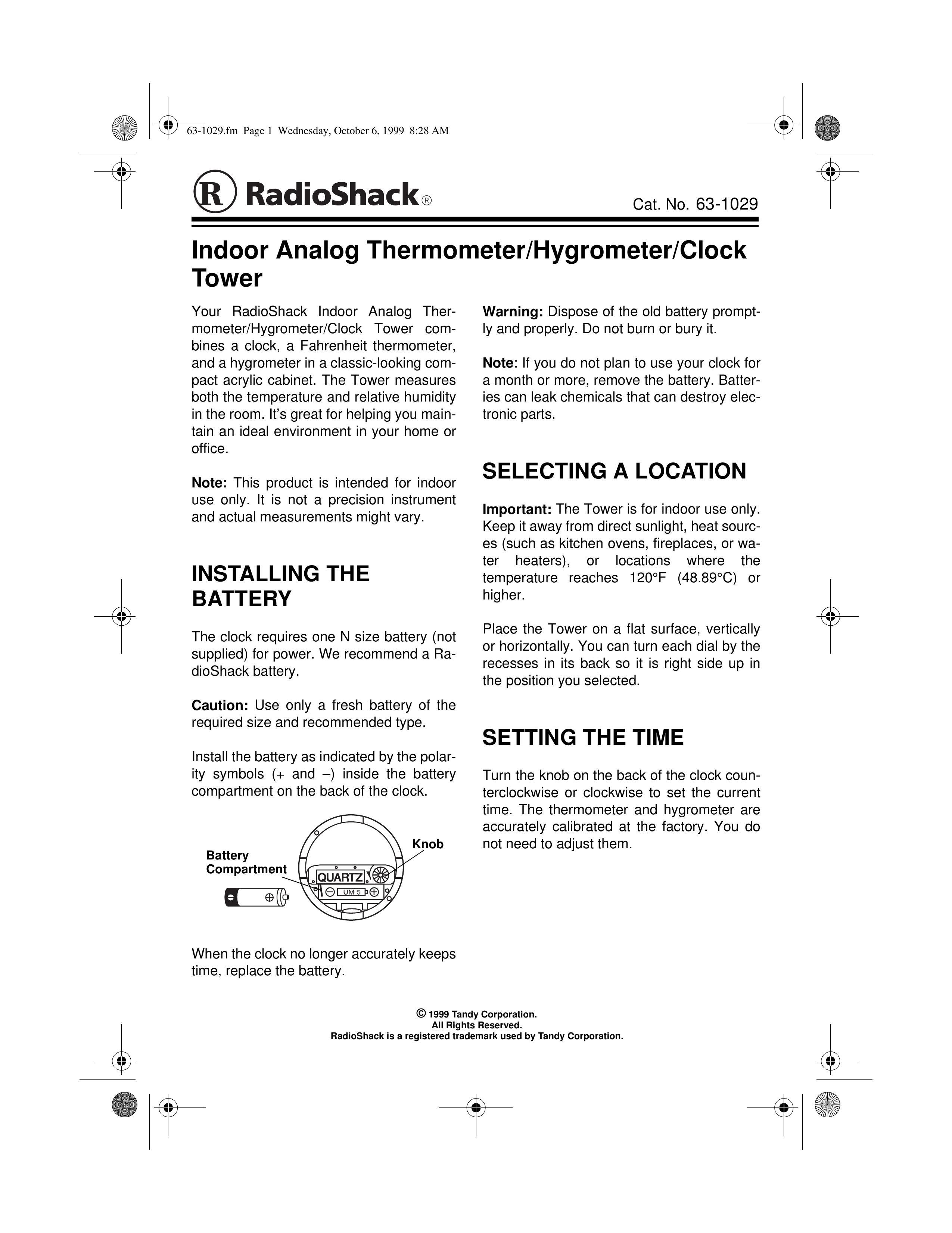 Radio Shack 63-1029 Thermometer User Manual