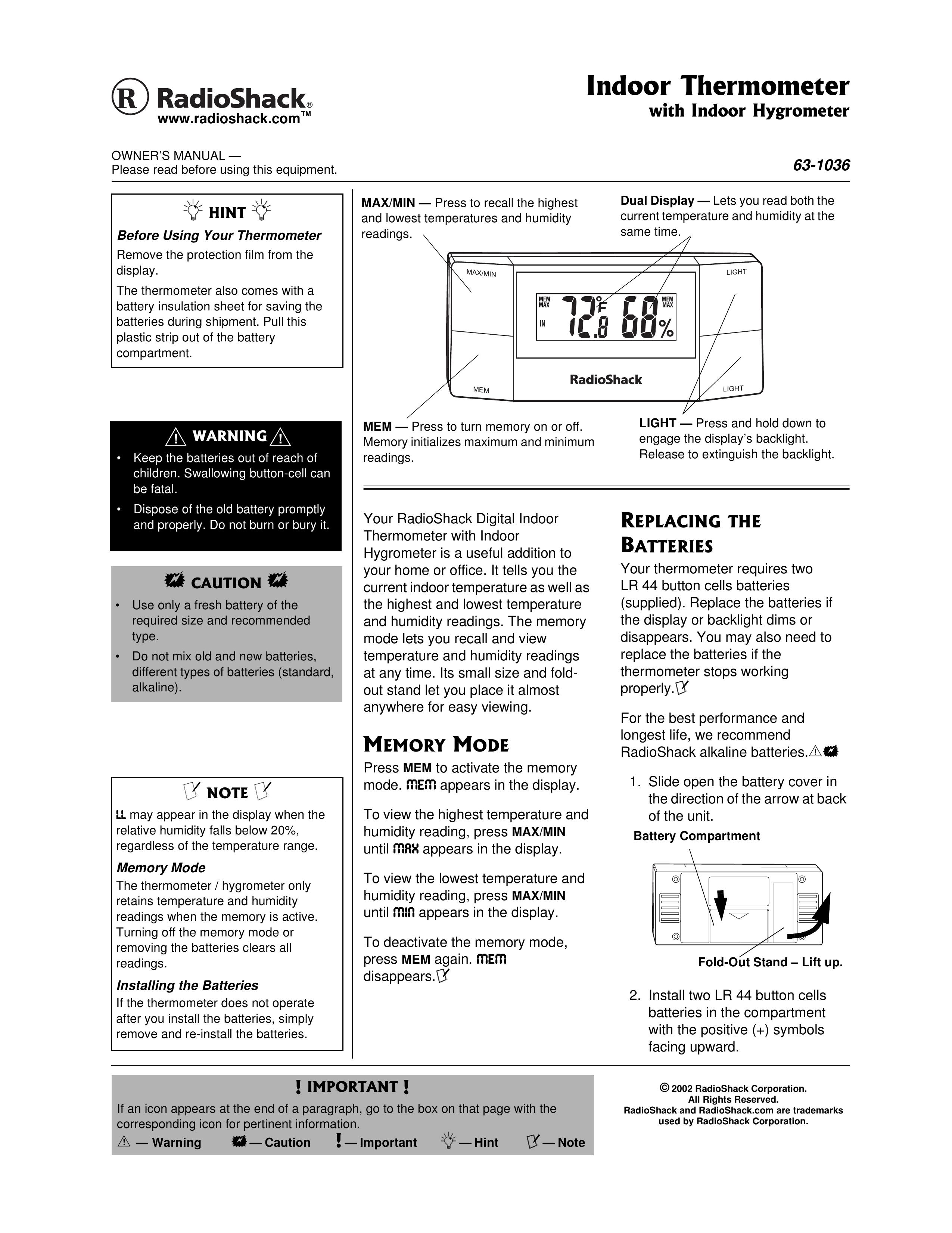 Radio Shack 63-1036 Thermometer User Manual