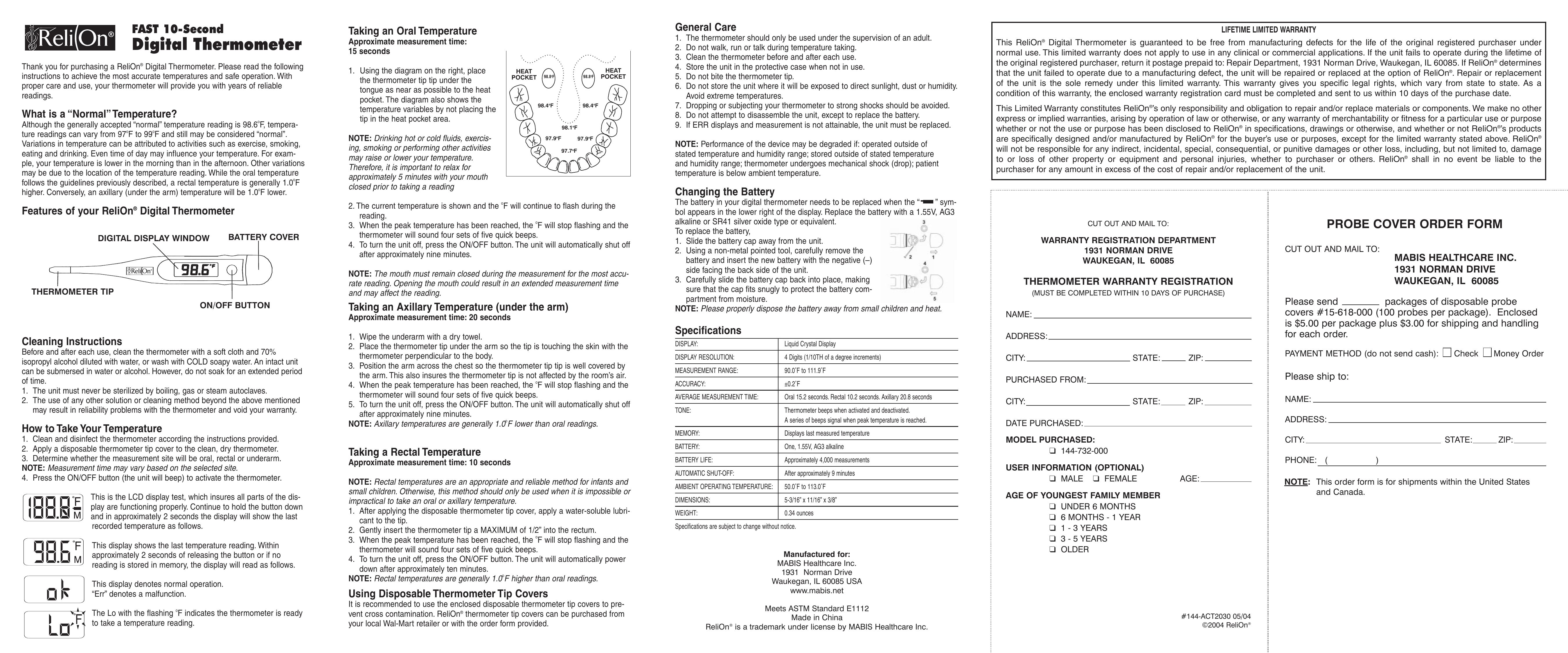 ReliOn K 144-732-000 Thermometer User Manual