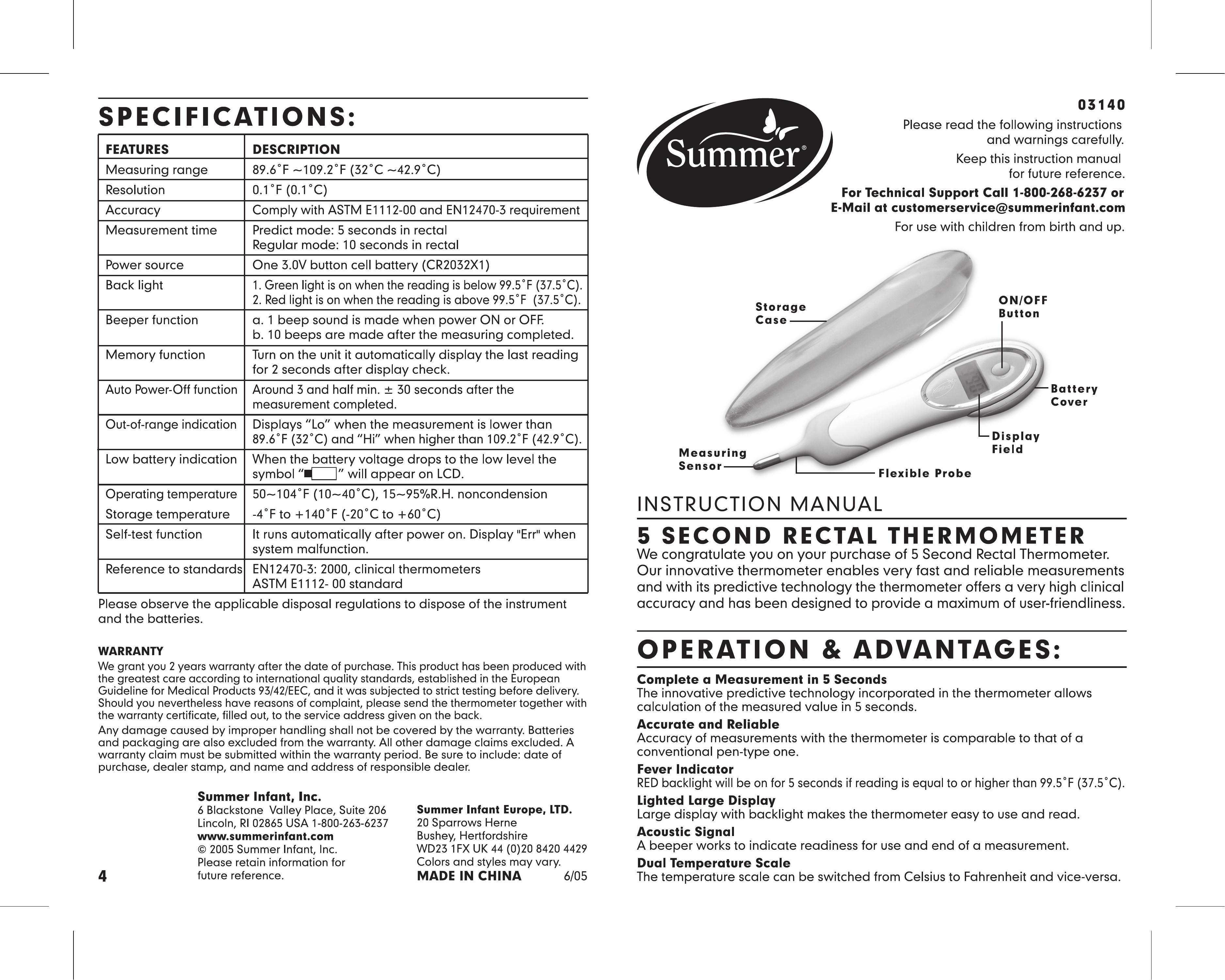 Summer Infant 3140 Thermometer User Manual