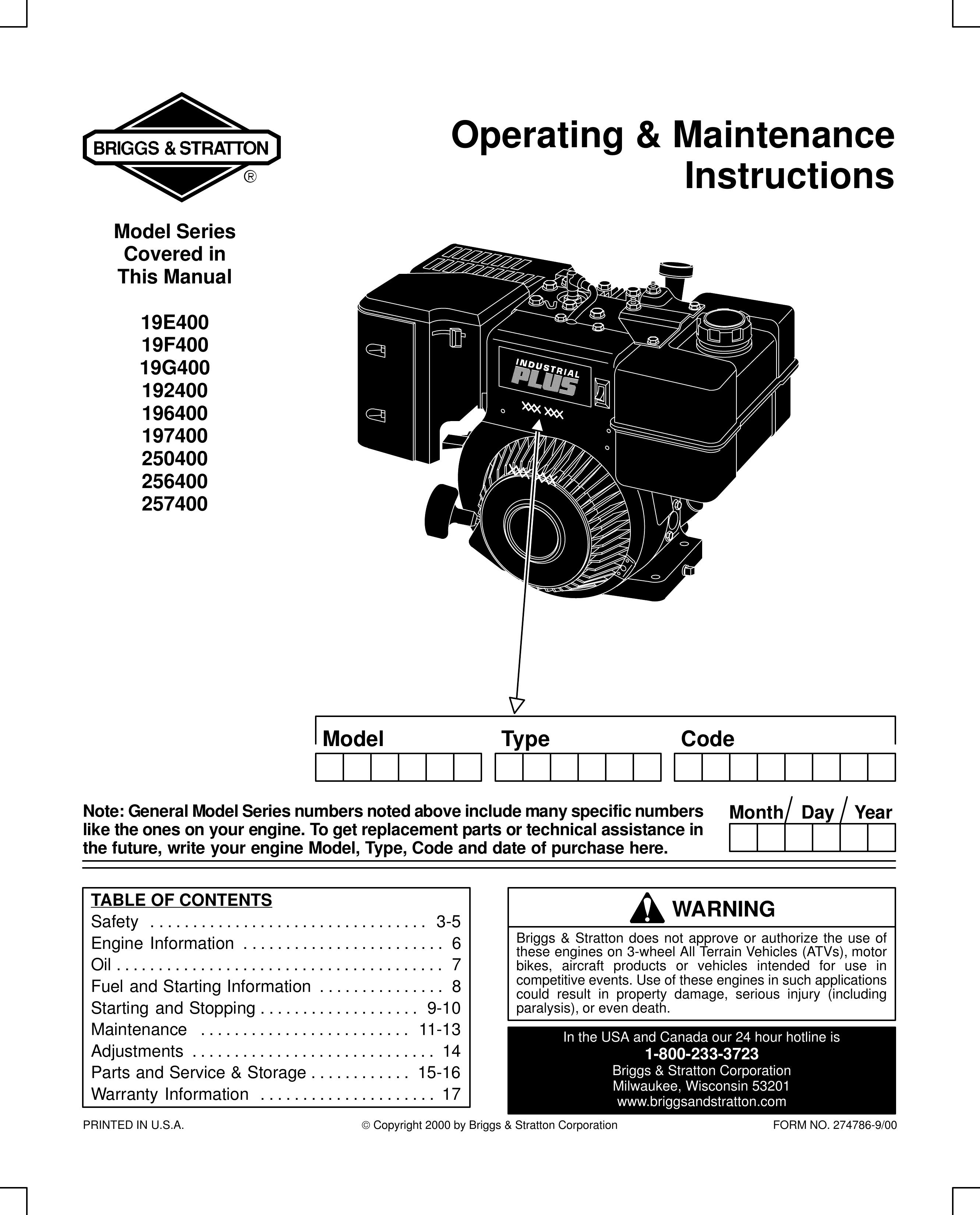 Briggs & Stratton 19E400 19F400 19G400 192400 196400 197400 250400 256400 257400 Camcorder User Manual
