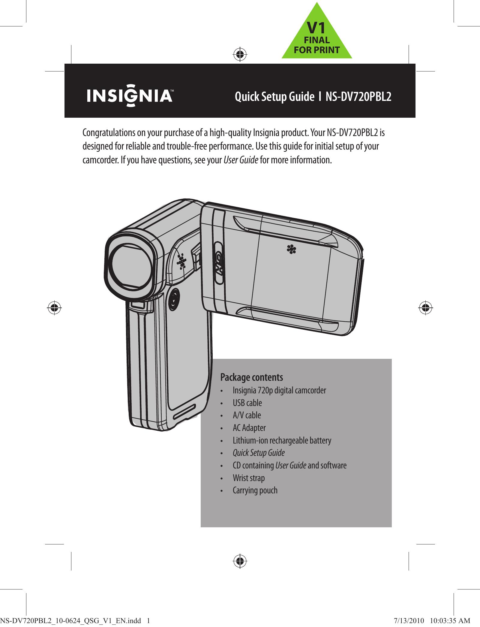 Insignia NS-DV720PBL2 Camcorder User Manual