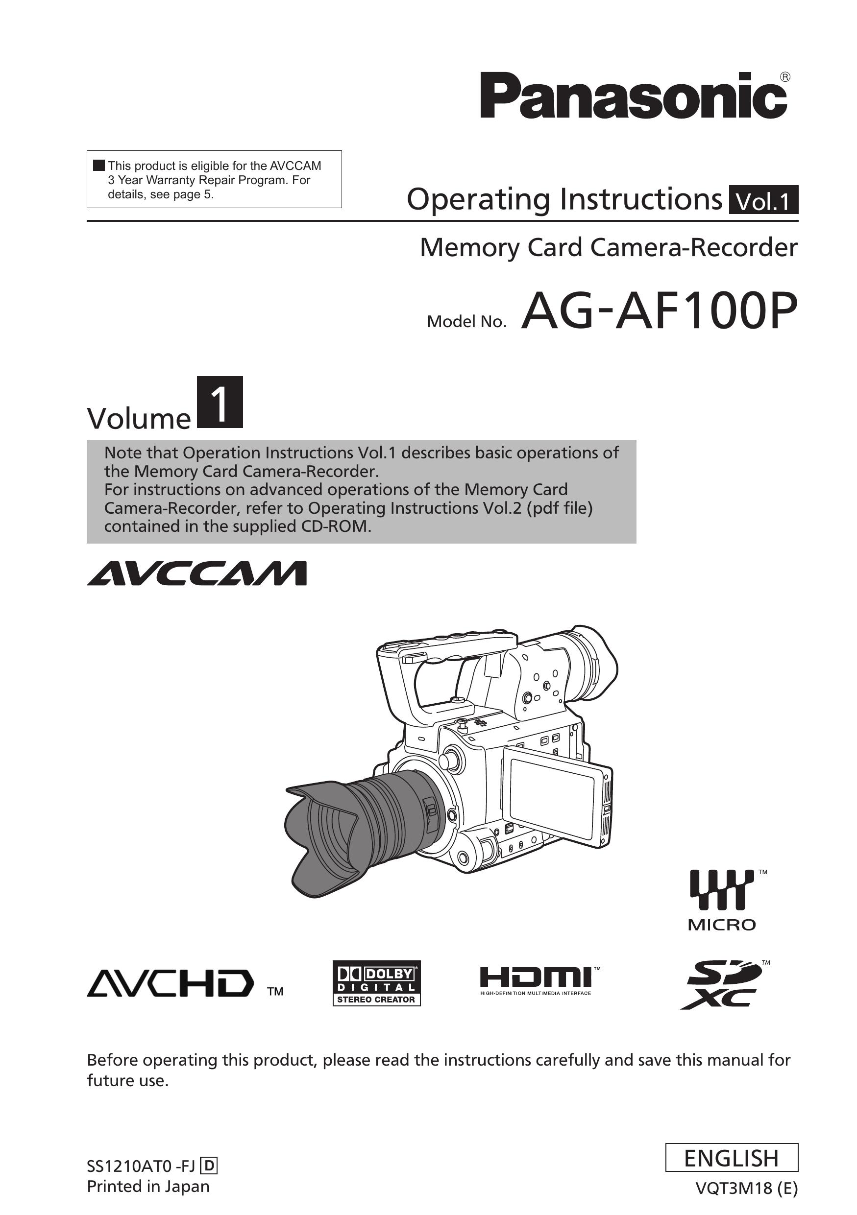 Panasonic AG-AF100P Camcorder User Manual