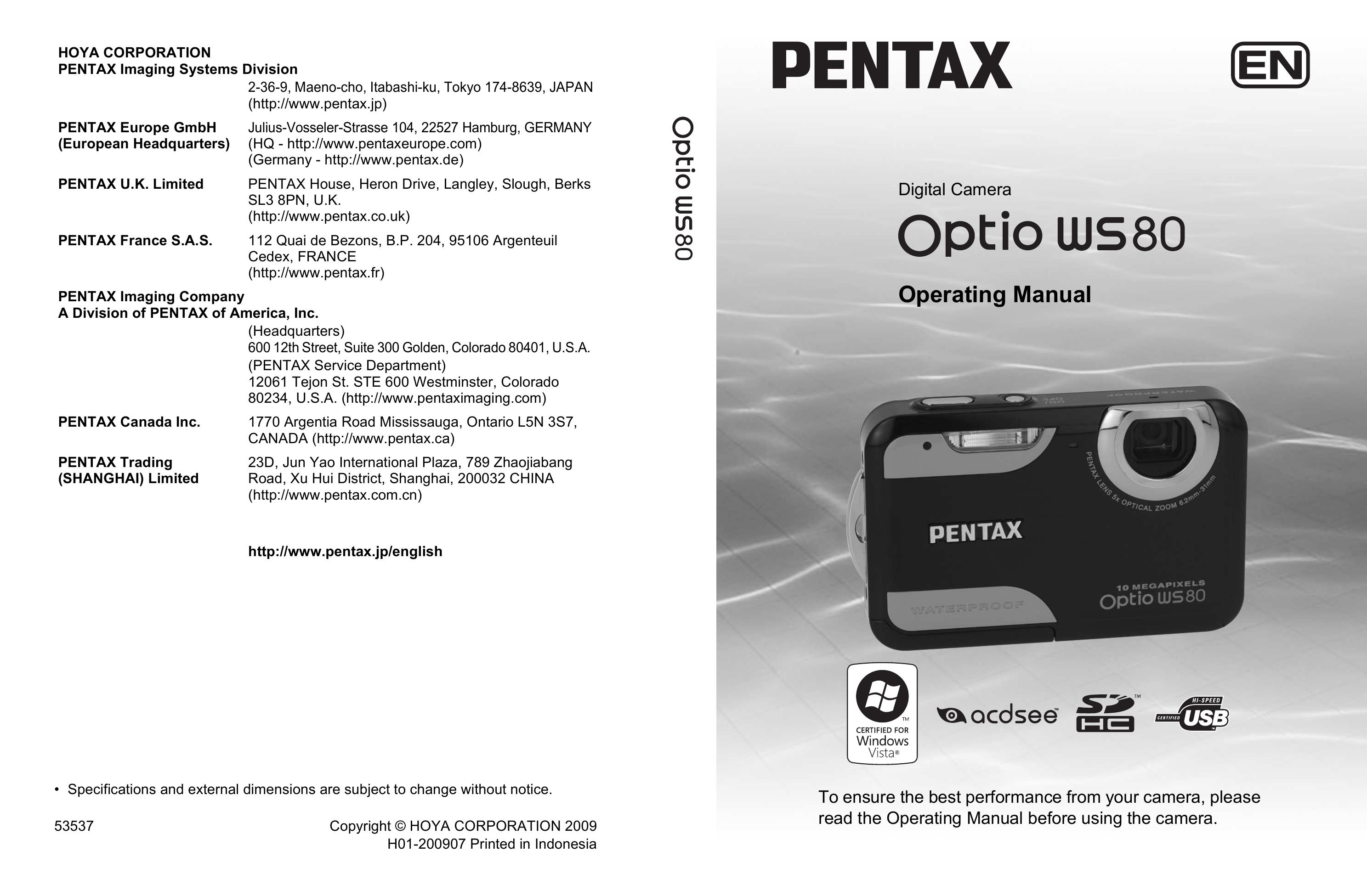 Pentax Optio WS80 Camcorder User Manual
