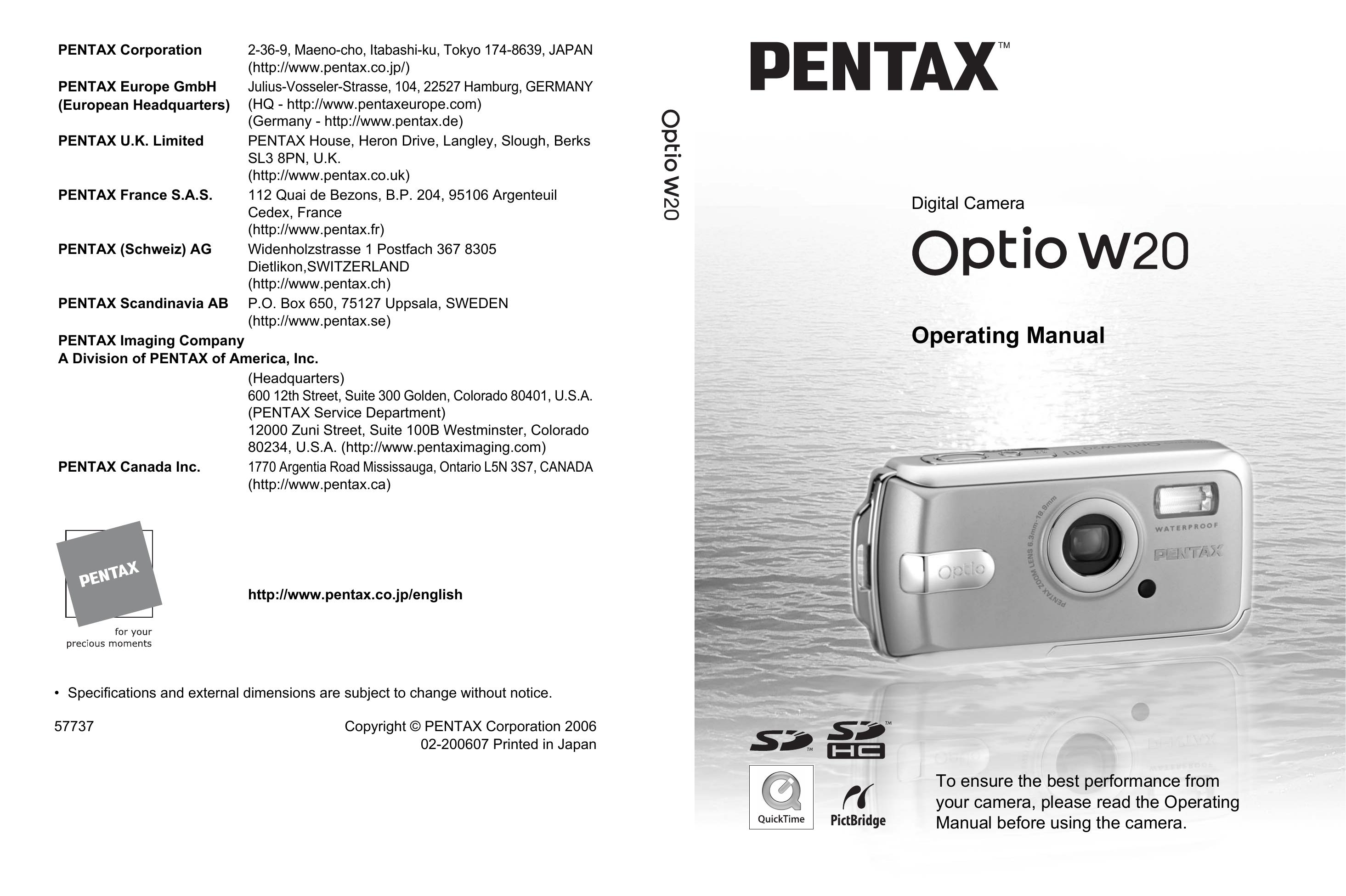 Pentax W 20 Camcorder User Manual
