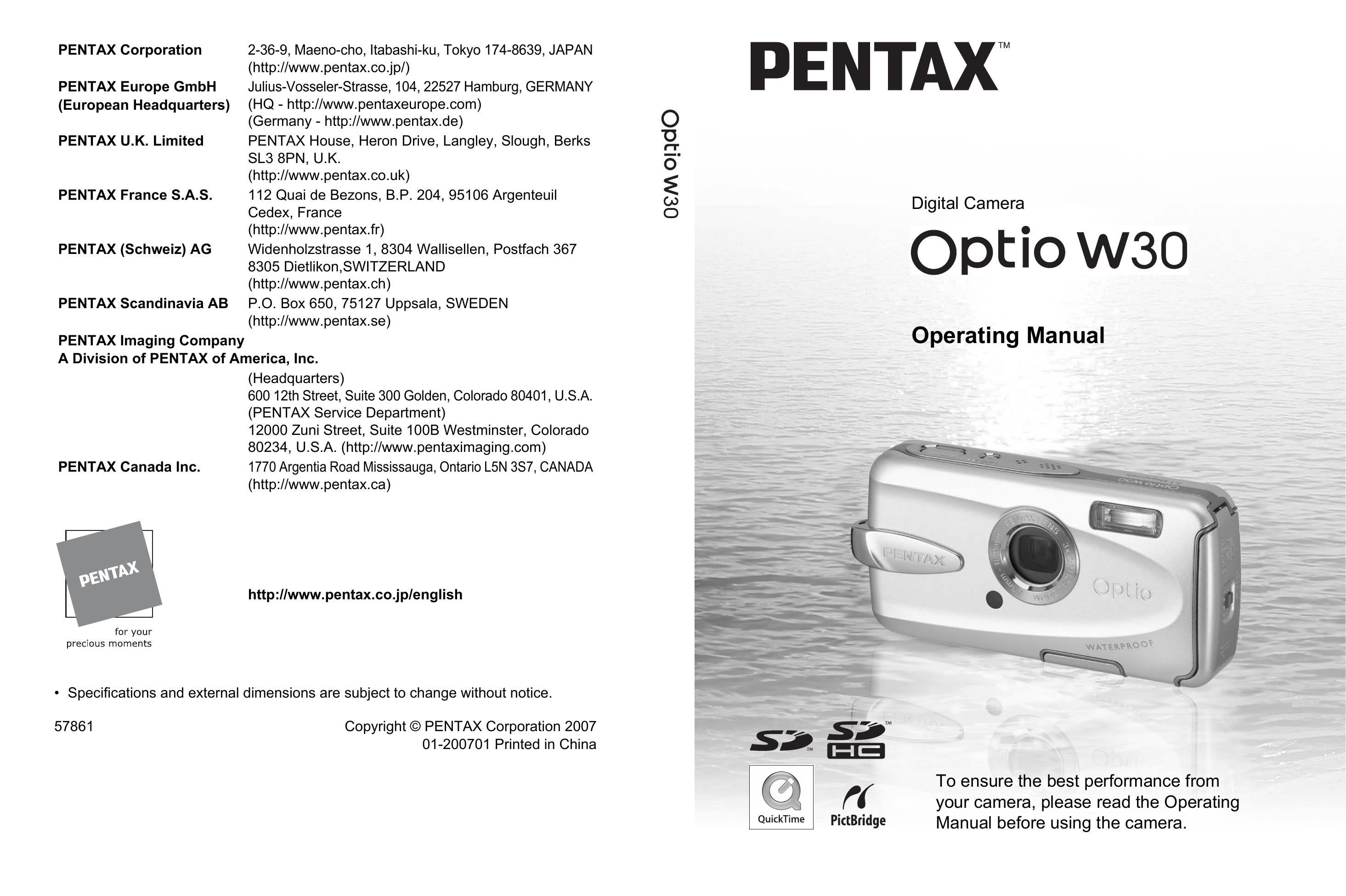 Pentax W30 Camcorder User Manual