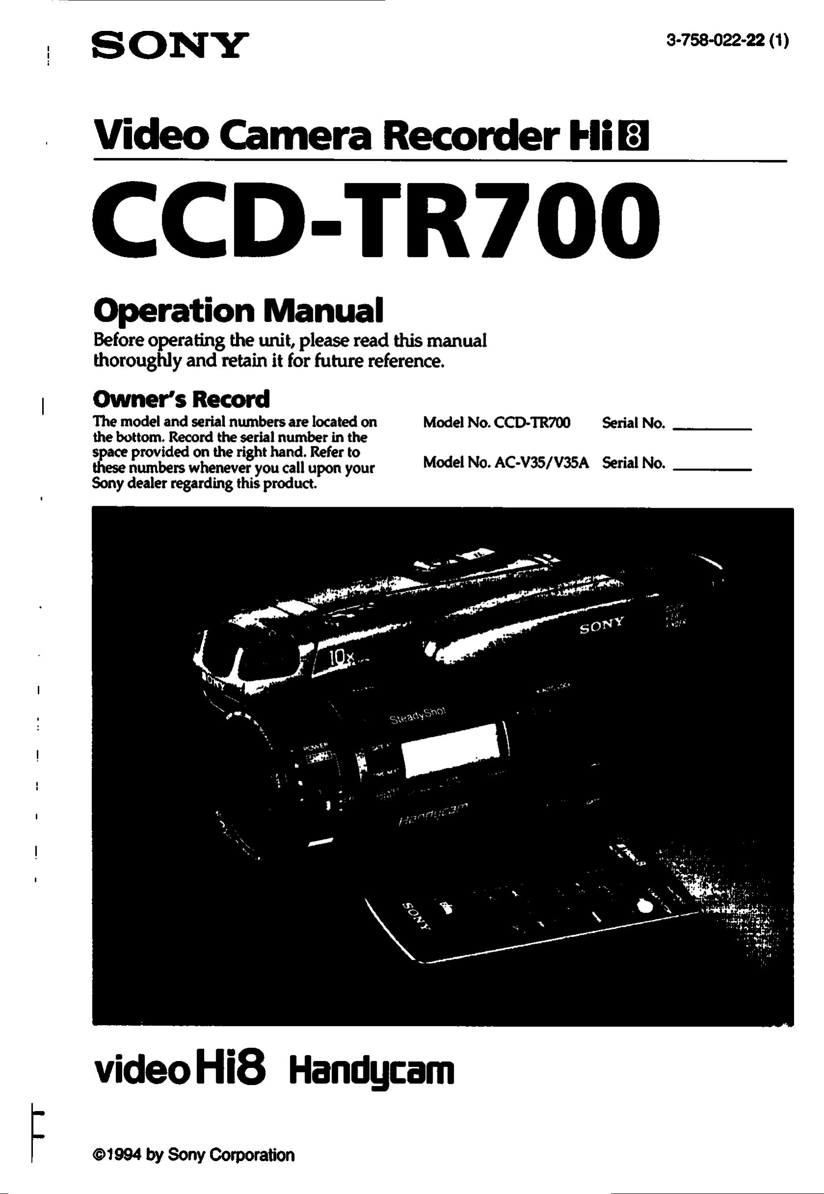Sony AC-V35 Camcorder User Manual