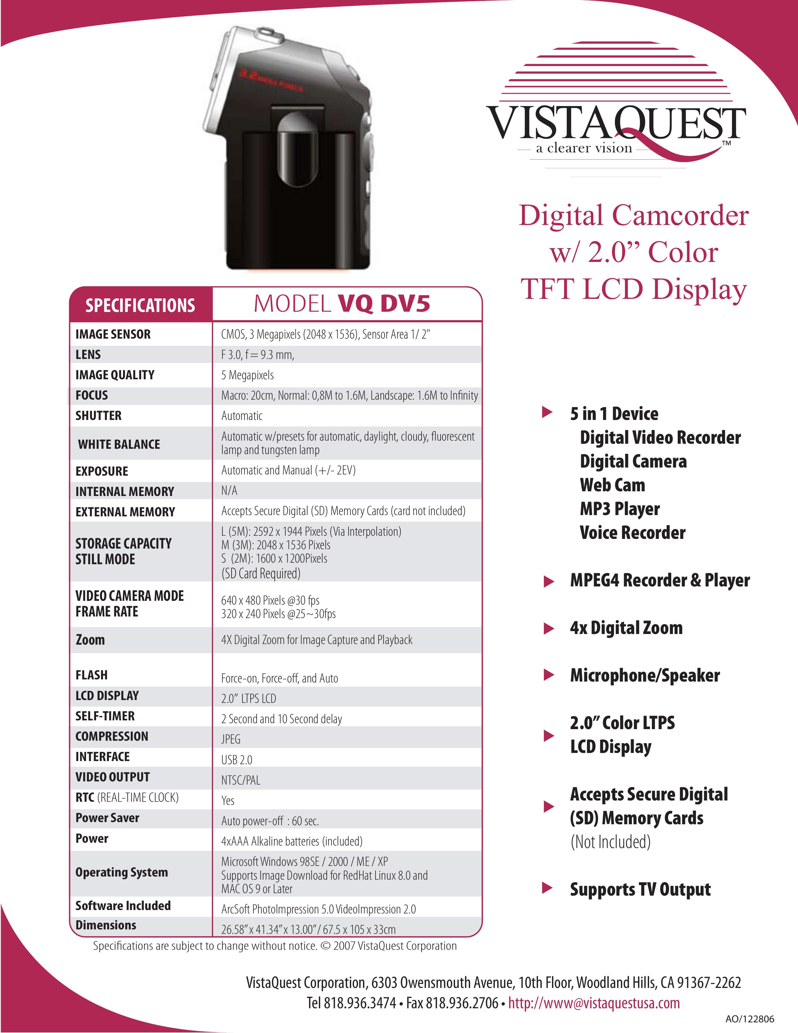 VistaQuest VQ DV5 Camcorder User Manual