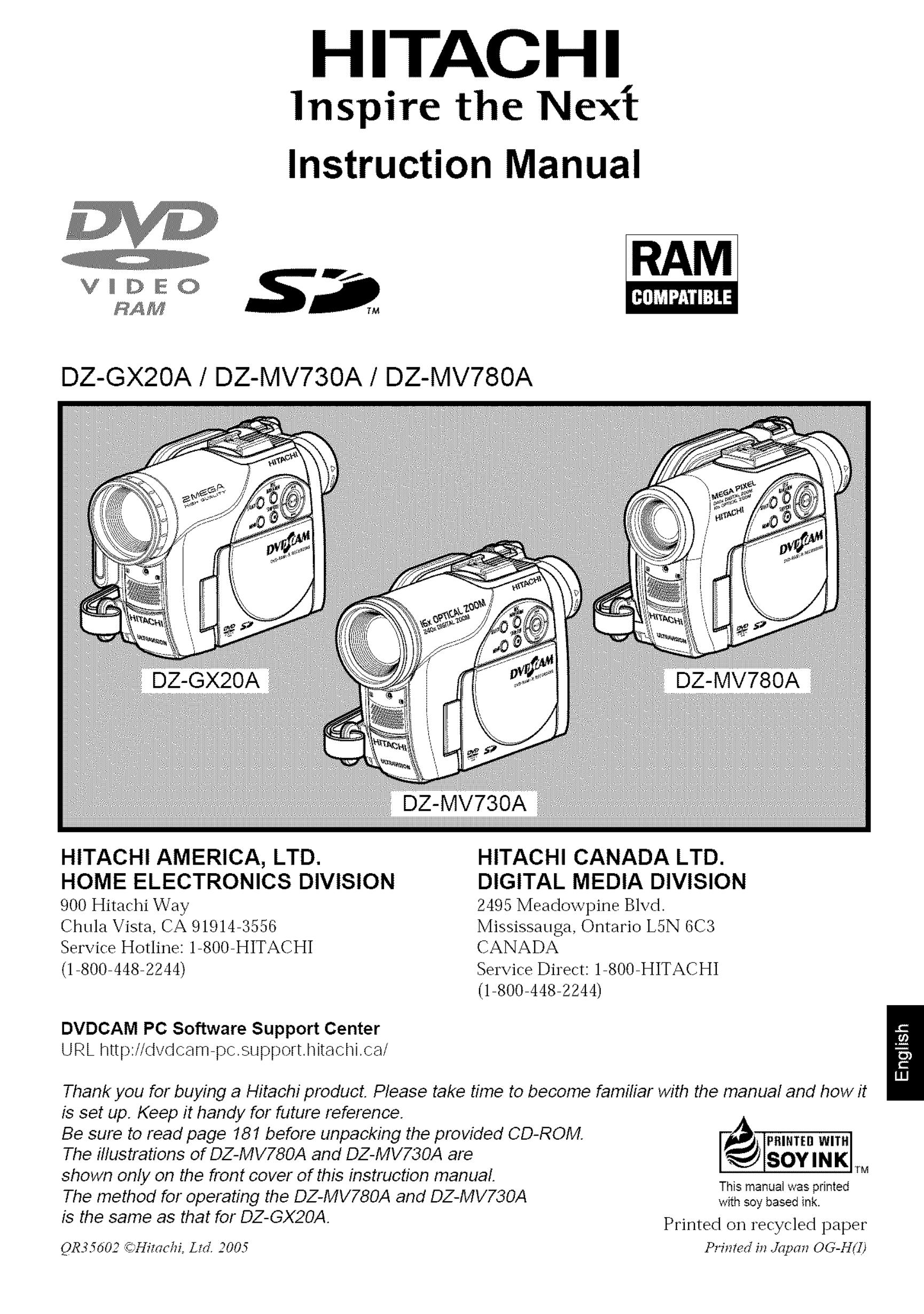 Hitachi DZ-MV780A Camcorder Accessories User Manual