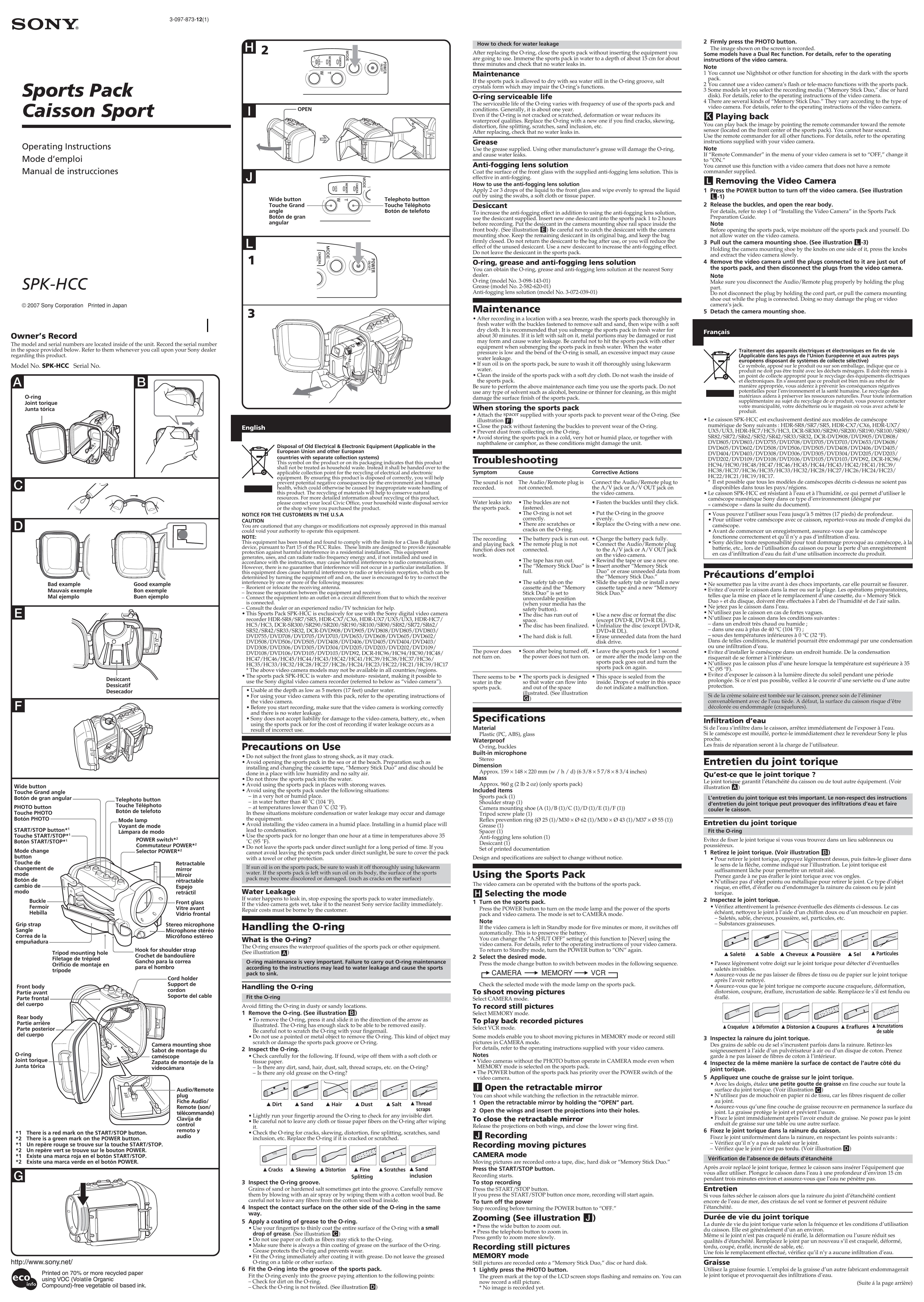 Sony SPK-HCC Camcorder Accessories User Manual