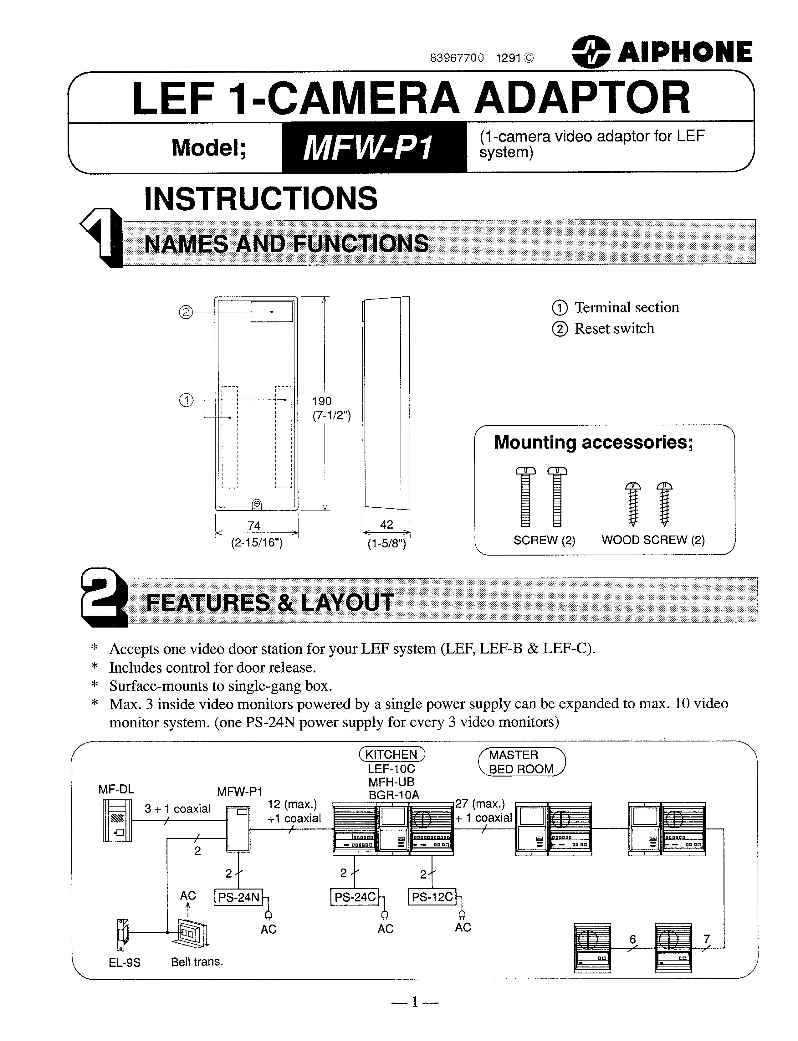 Aiphone MFW-P1 Camera Accessories User Manual