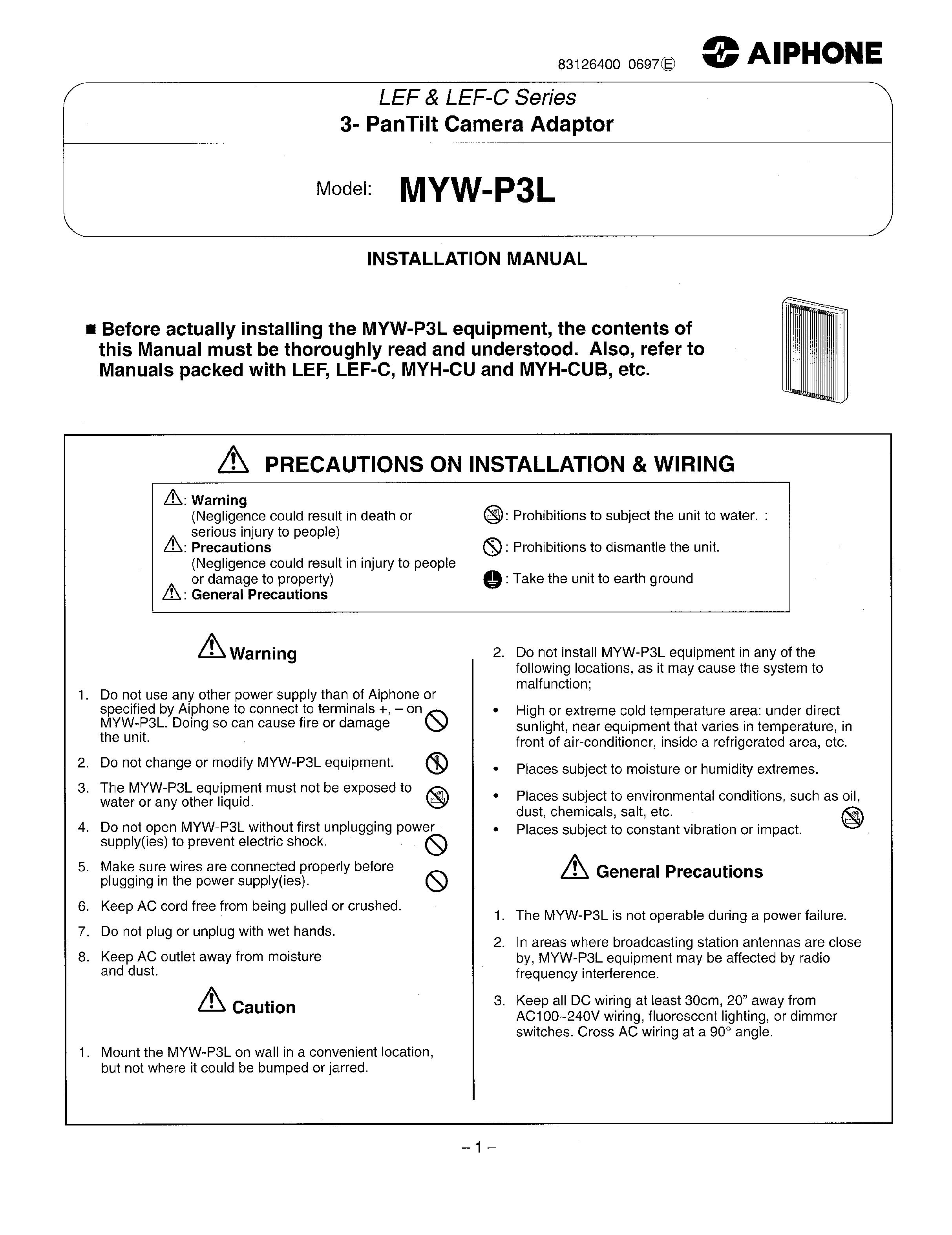 Aiphone MYW-P3L Camera Accessories User Manual