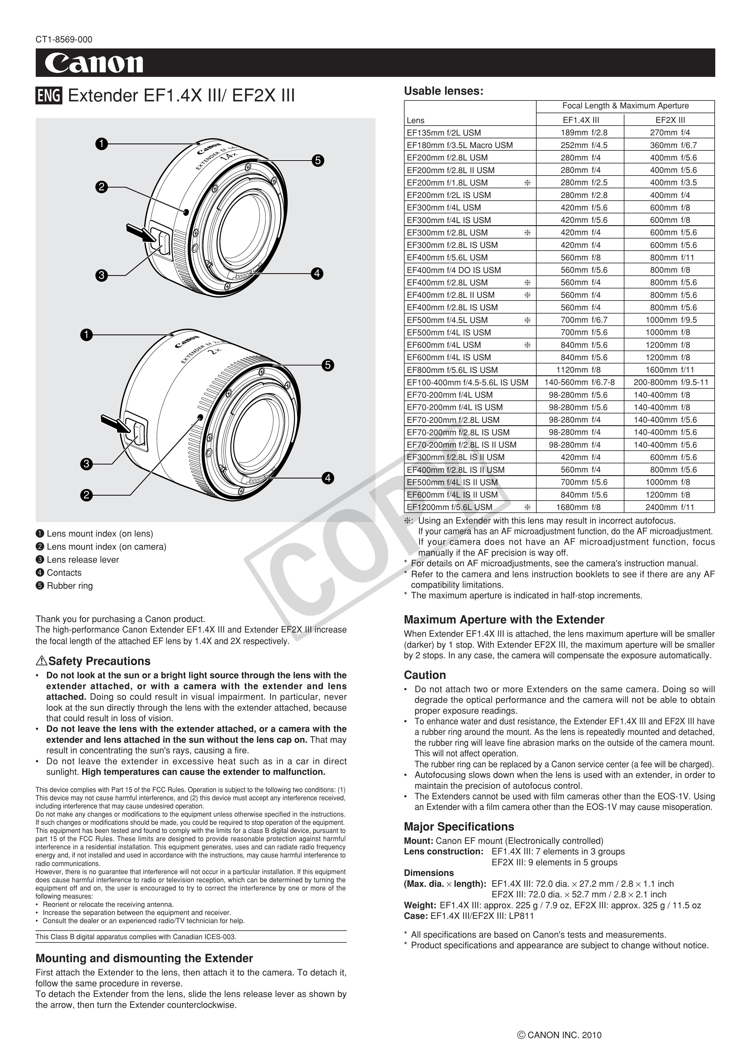 Canon EF2X III Camera Accessories User Manual