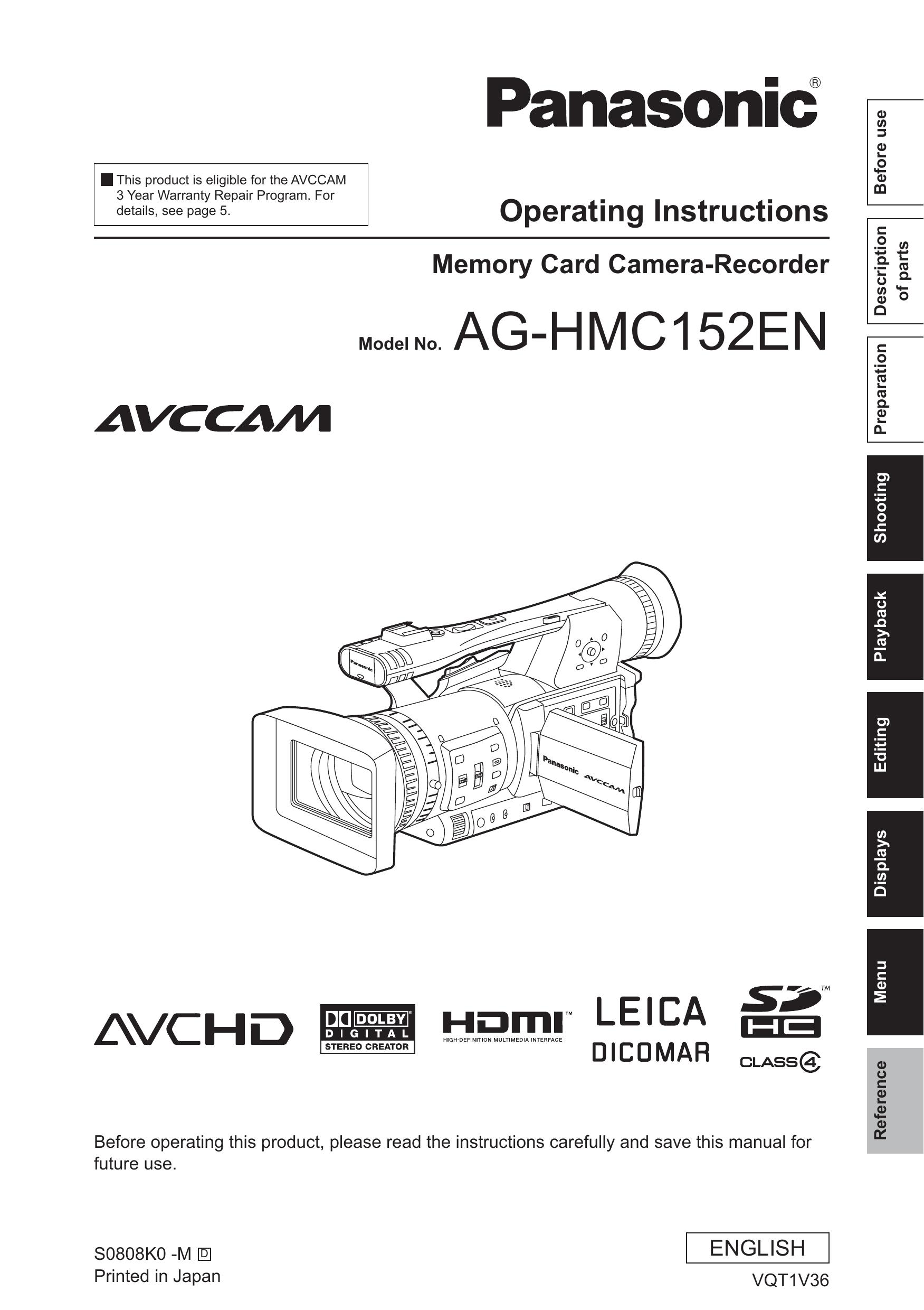 Panasonic AG-HMC152EN Camera Accessories User Manual