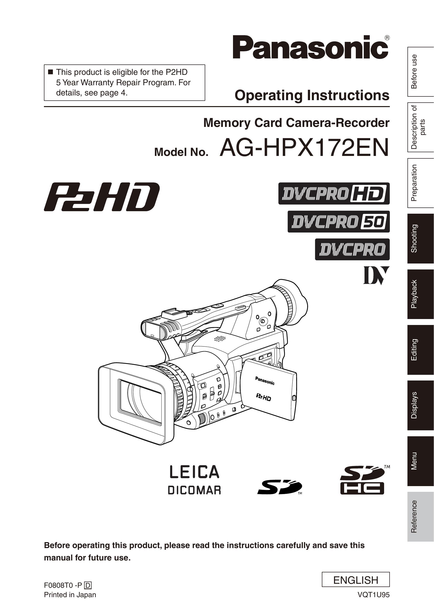 Panasonic AG-HPX172EN Camera Accessories User Manual