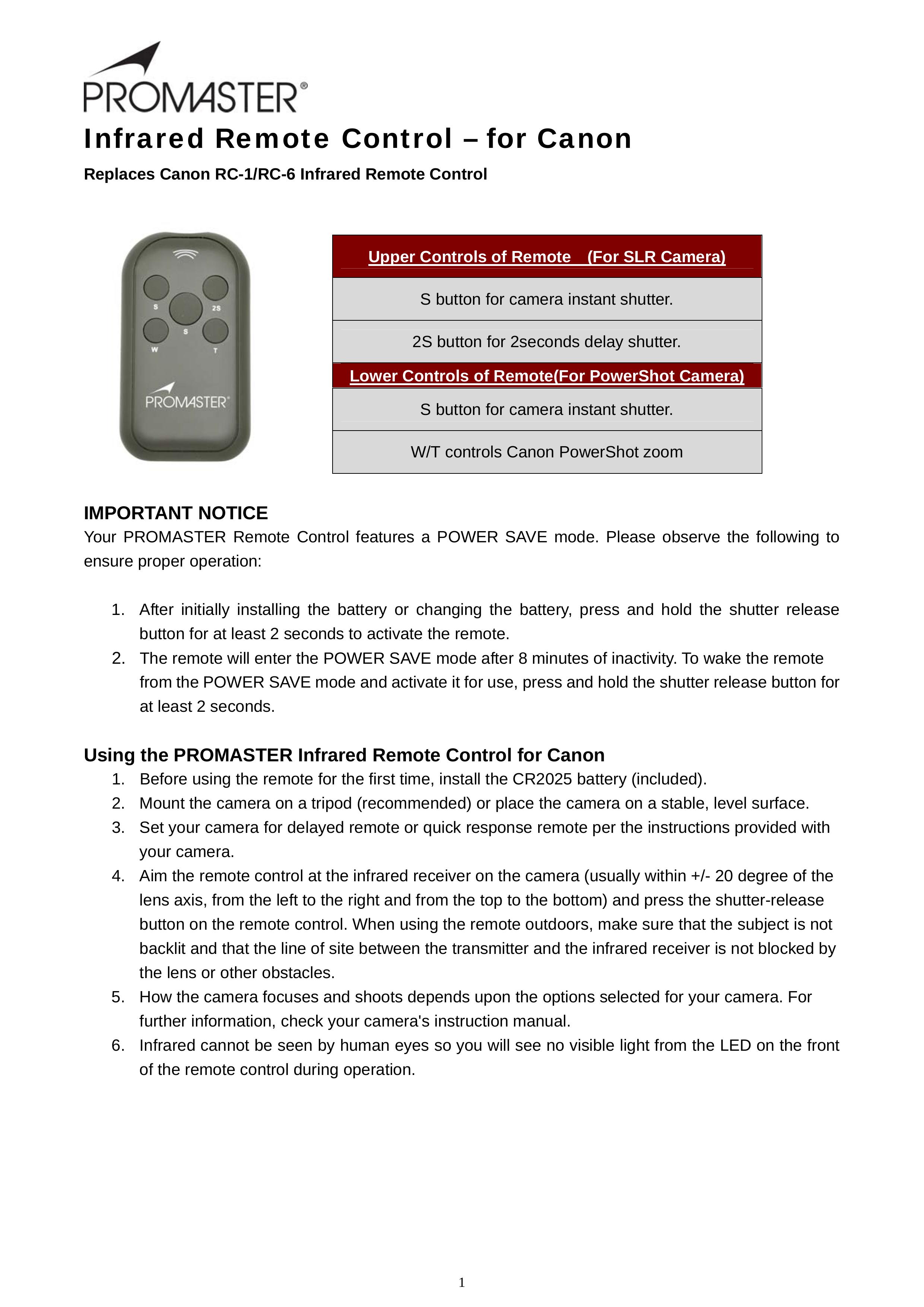 ProMaster Mic1 Camera Accessories User Manual