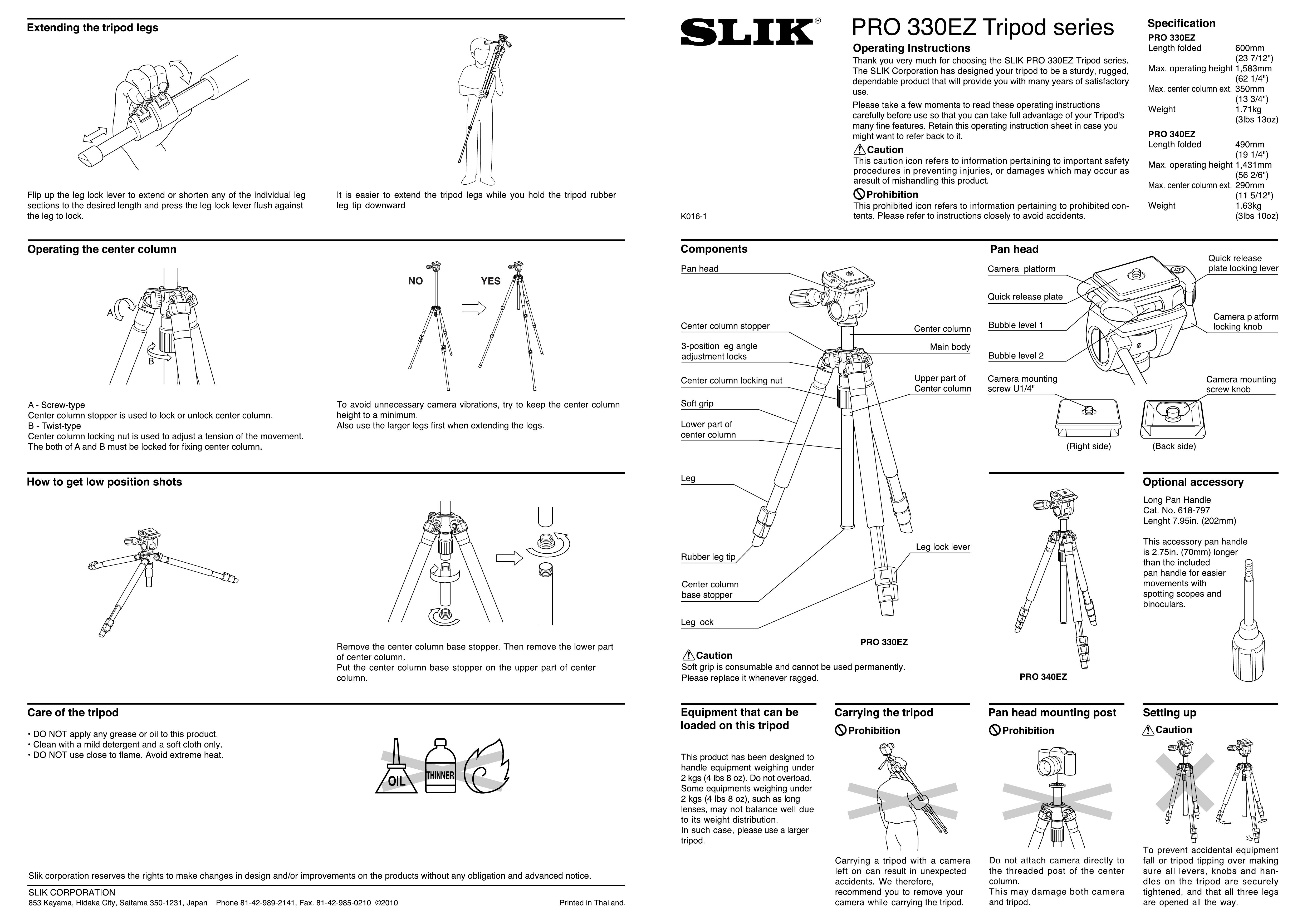 SLIK PRO 330EZ Camera Accessories User Manual