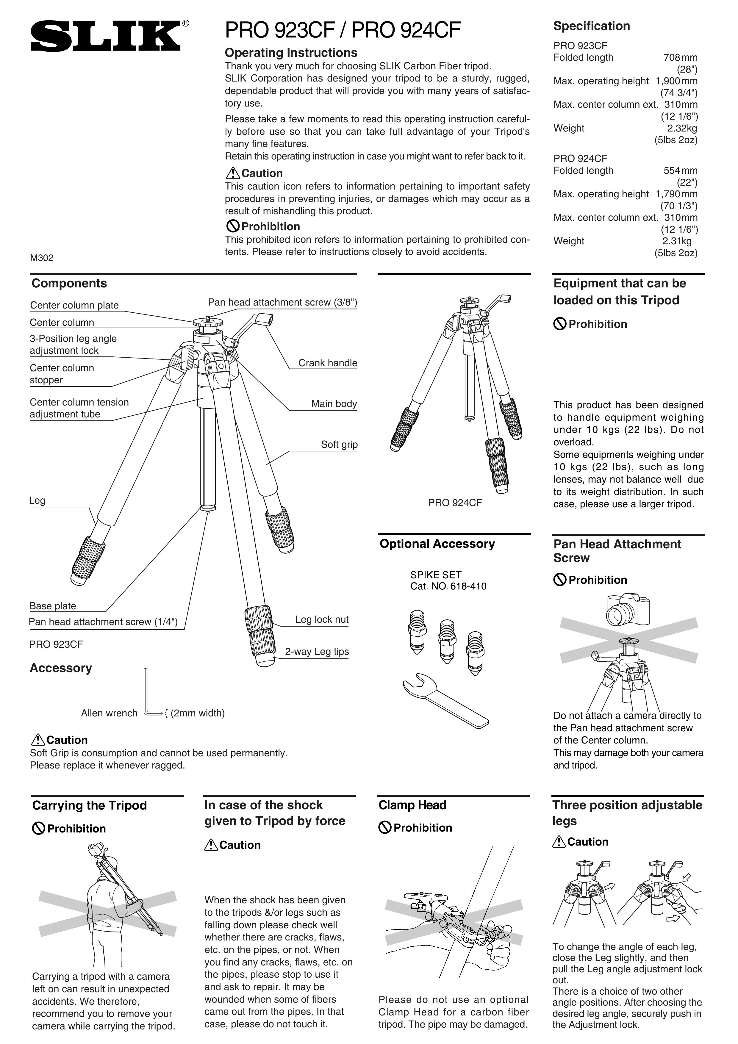 SLIK PRO 923CF Camera Accessories User Manual
