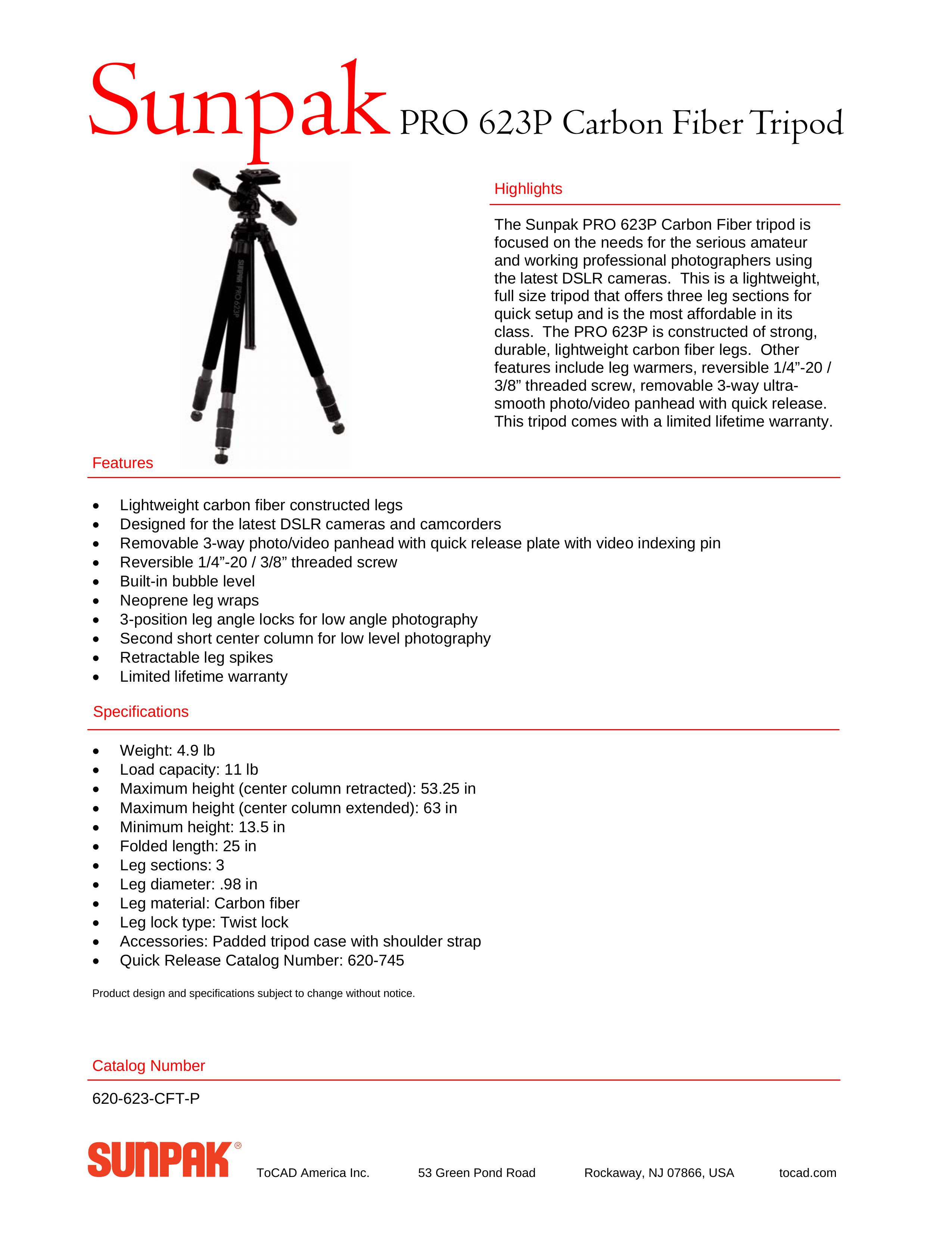 Sunpak PRO 623P Camera Accessories User Manual