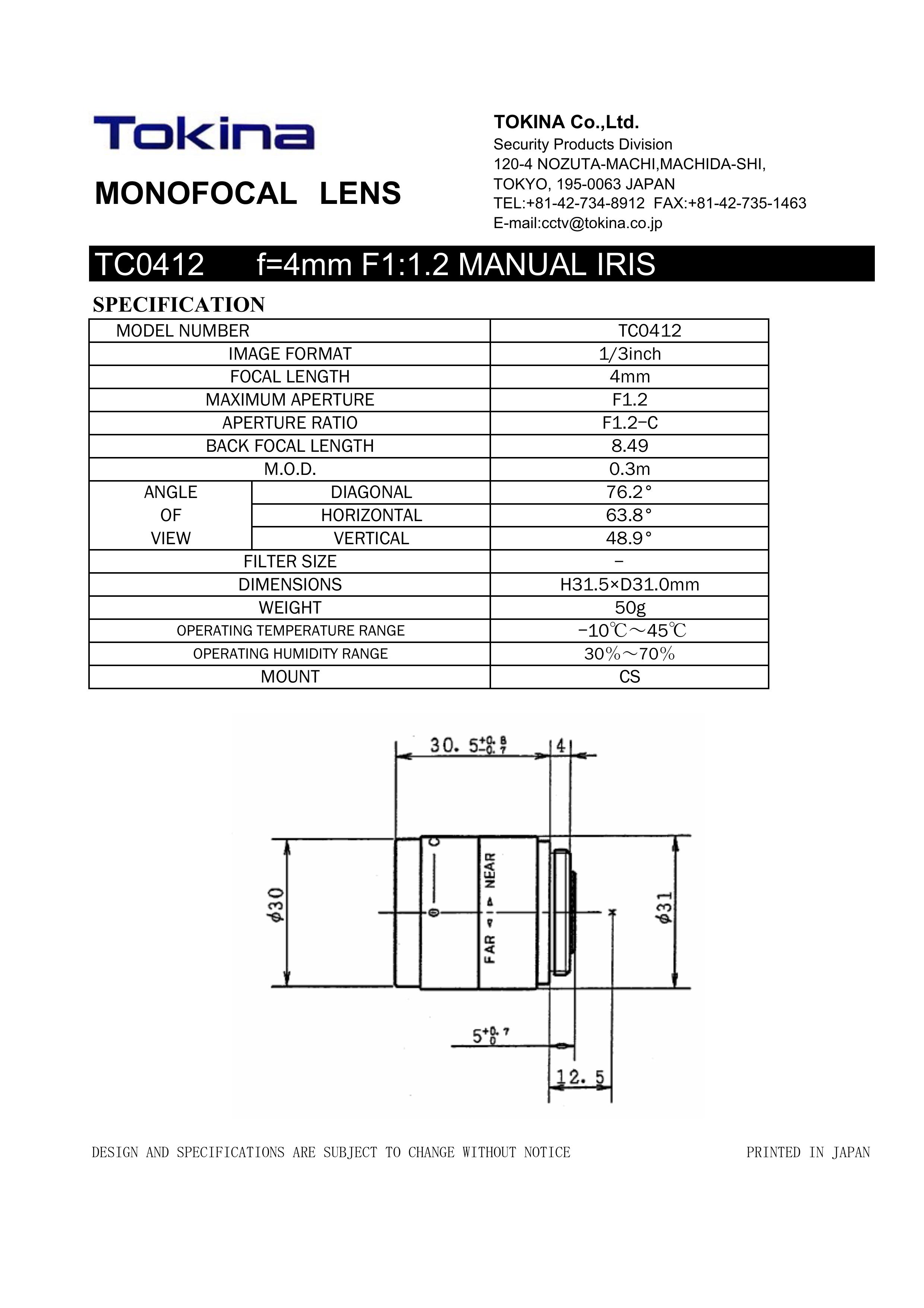 Tokina TC0412 Camera Accessories User Manual
