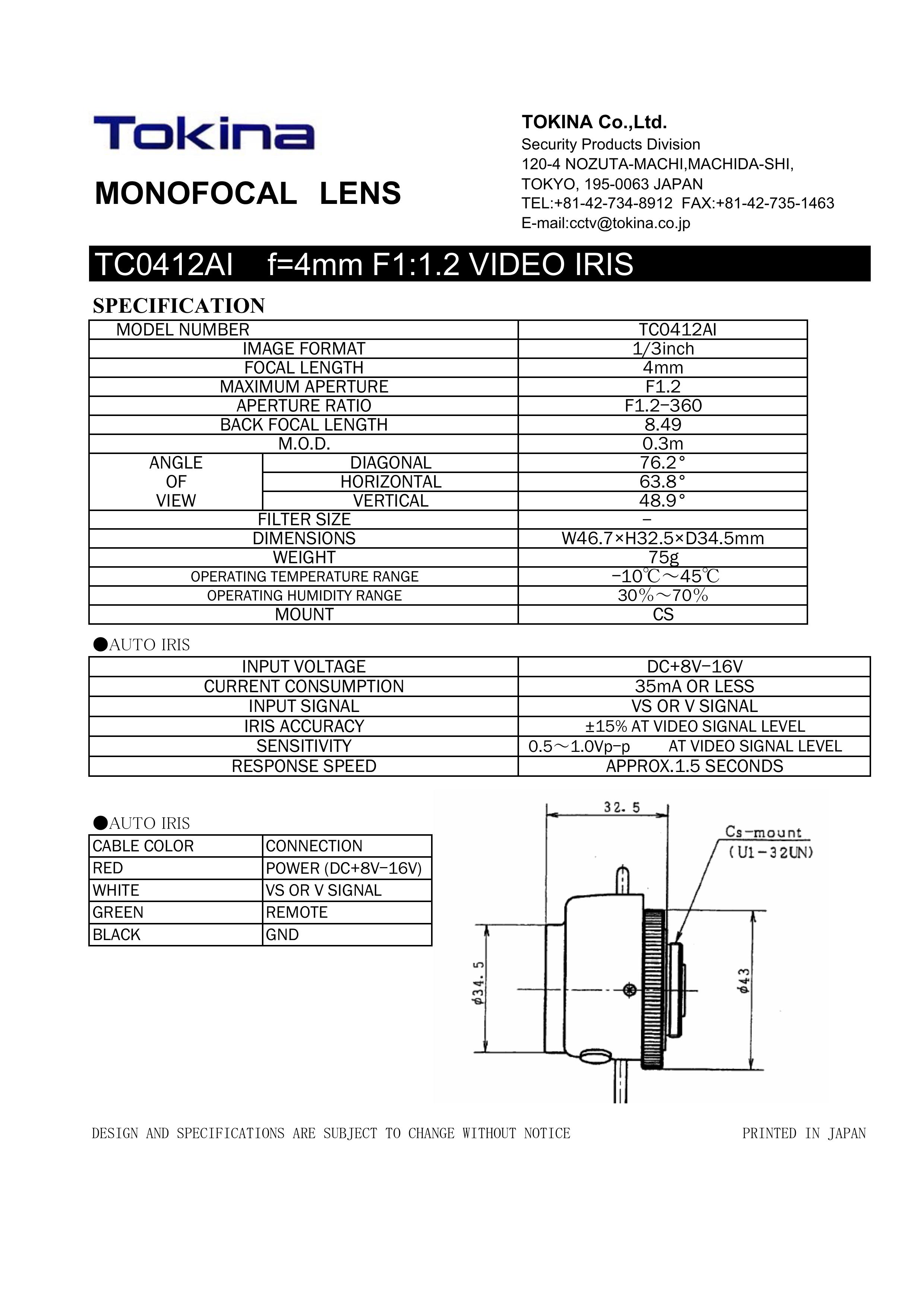 Tokina TC0412AI Camera Accessories User Manual