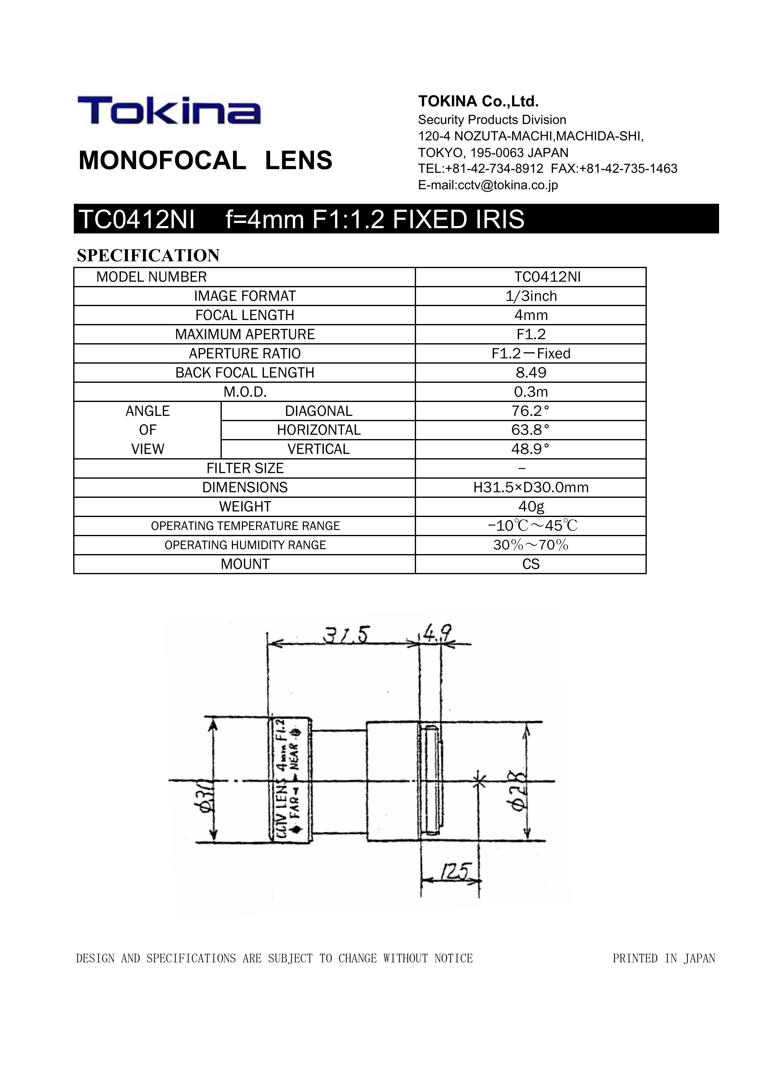 Tokina TC0412NI Camera Accessories User Manual