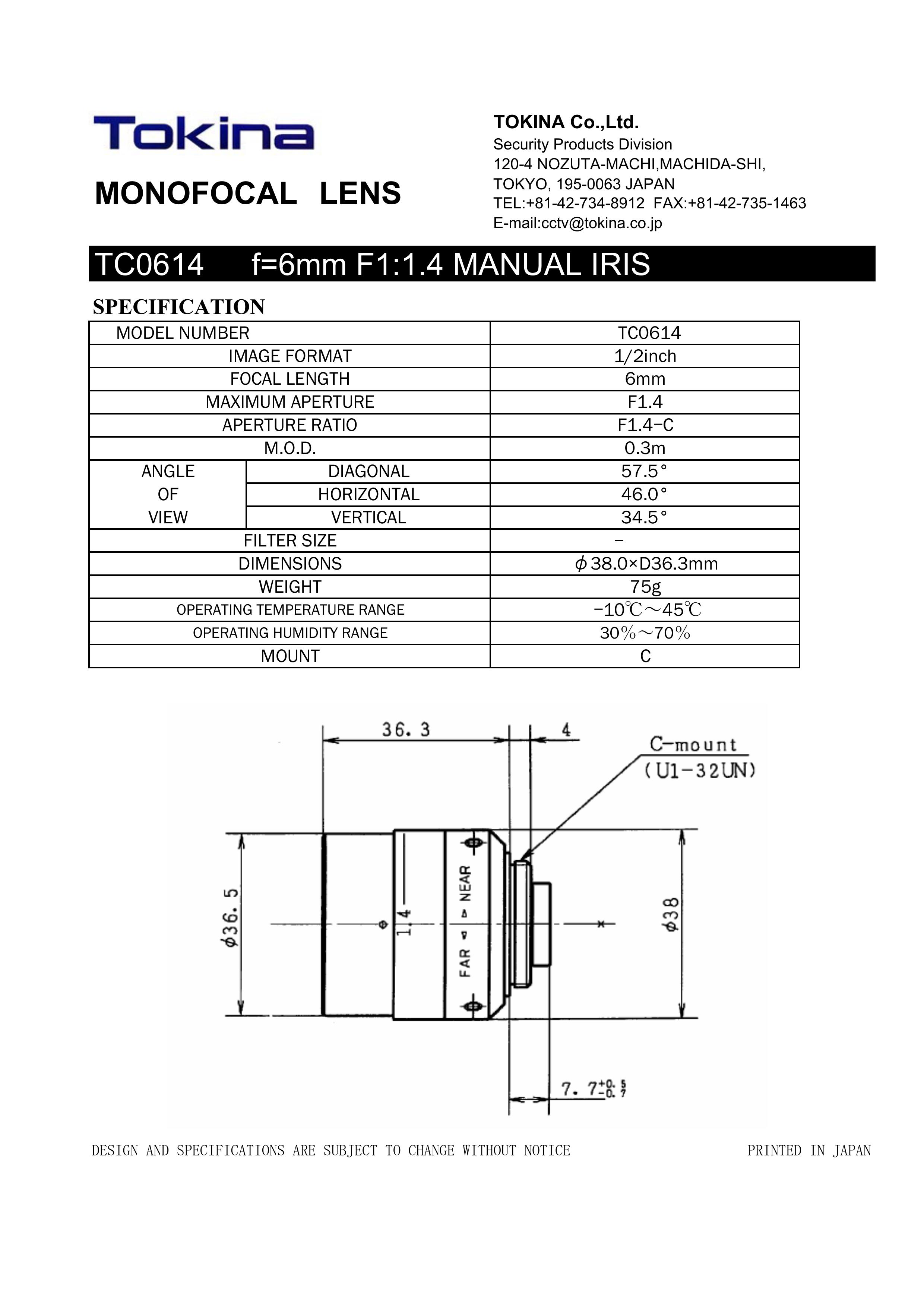 Tokina TC0614 Camera Accessories User Manual