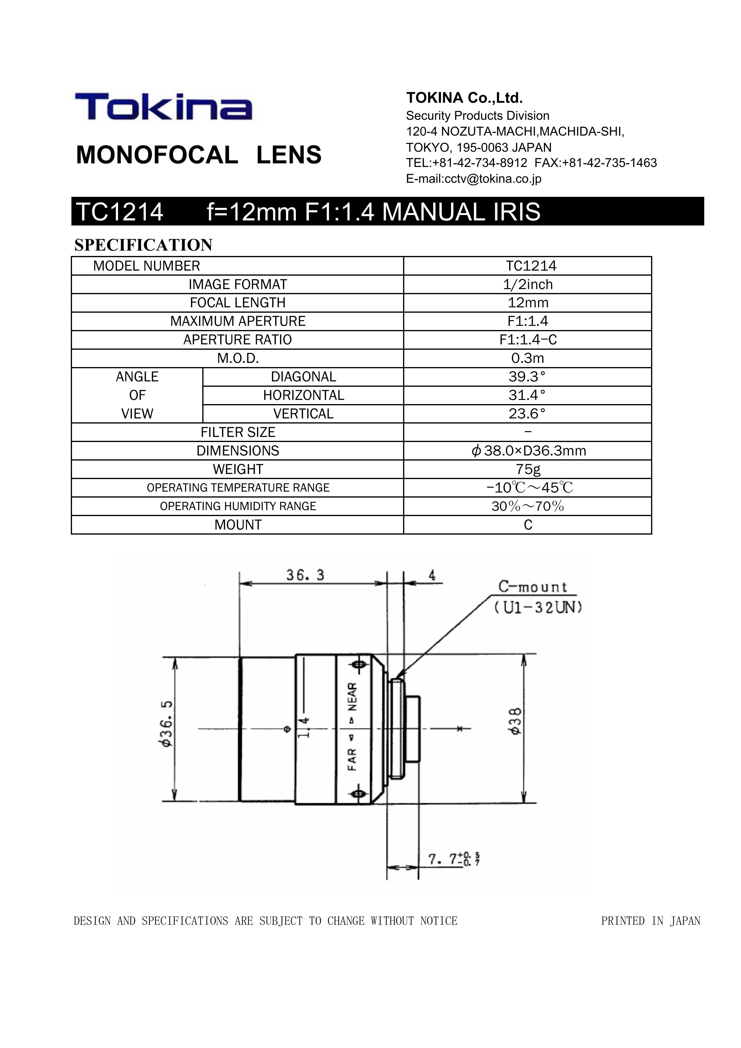 Tokina TC1214 Camera Accessories User Manual