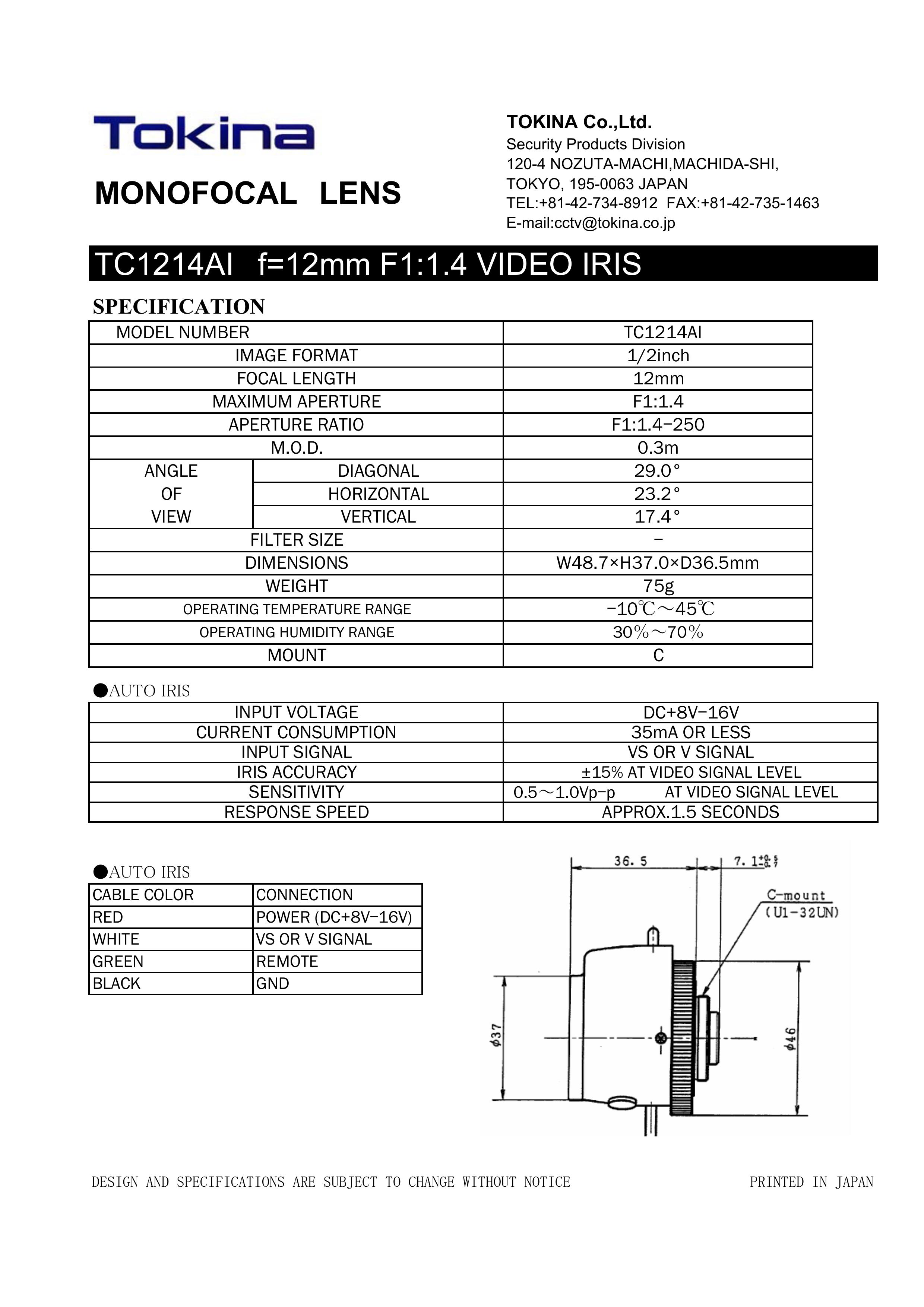 Tokina TC1214AI Camera Accessories User Manual