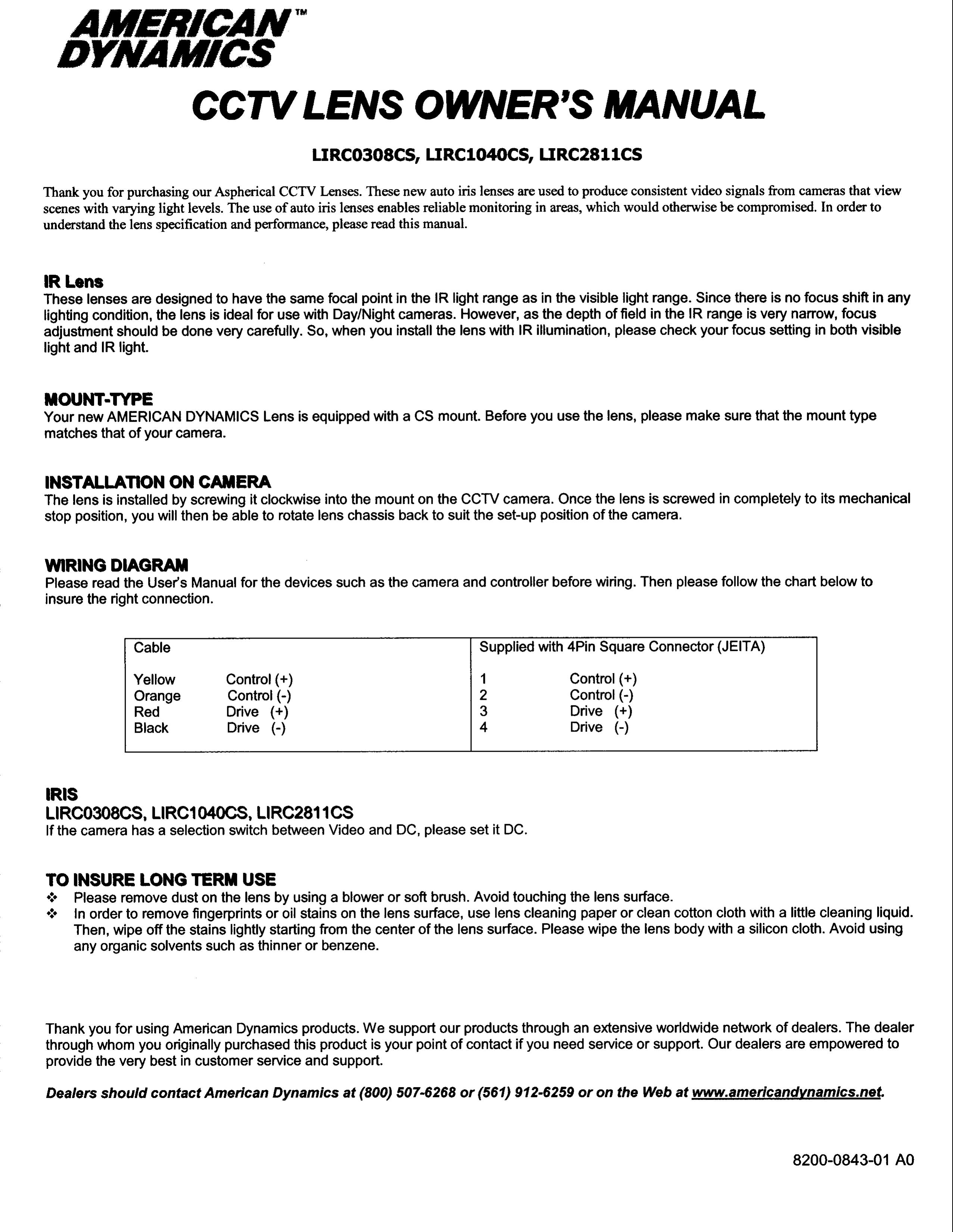 American Dynamics LIRC0308CS Camera Lens User Manual