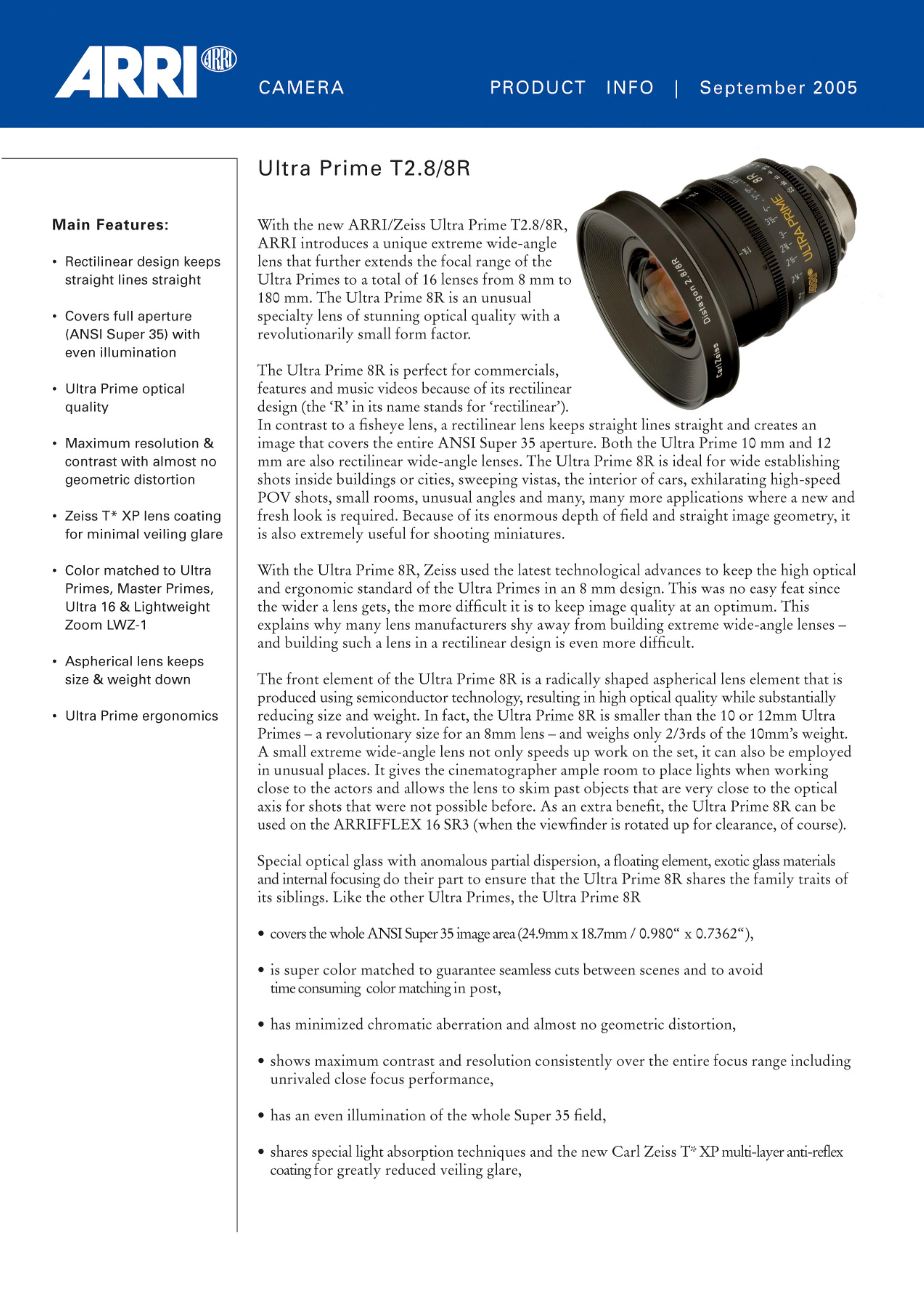 ARRI T2.8/8R Camera Lens User Manual