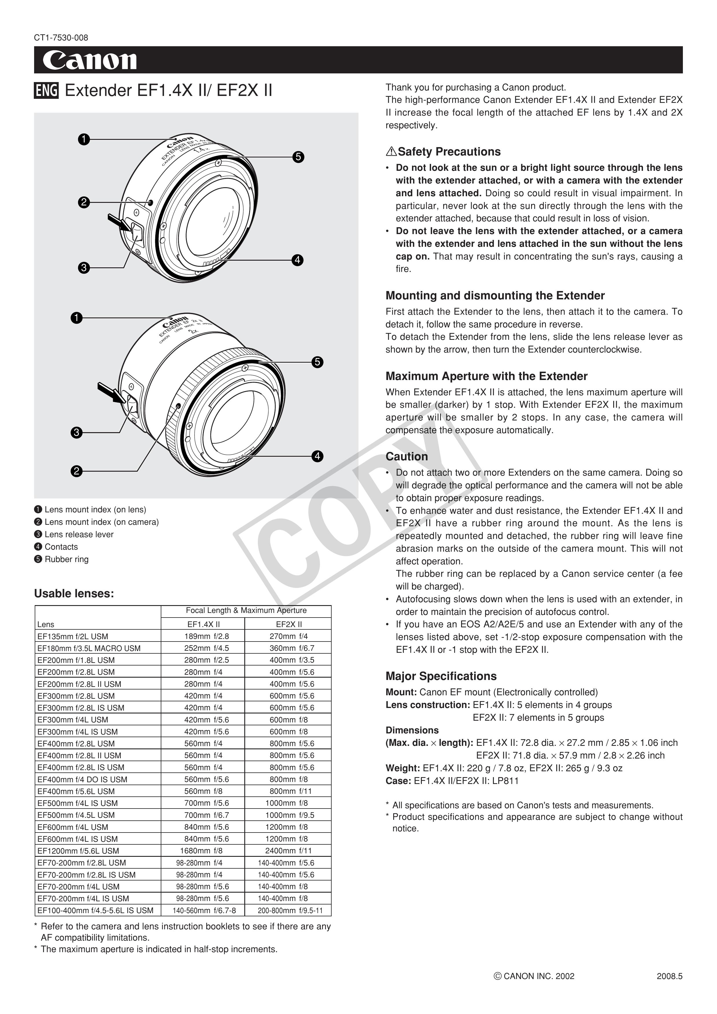 Cannon ef2x II Camera Lens User Manual