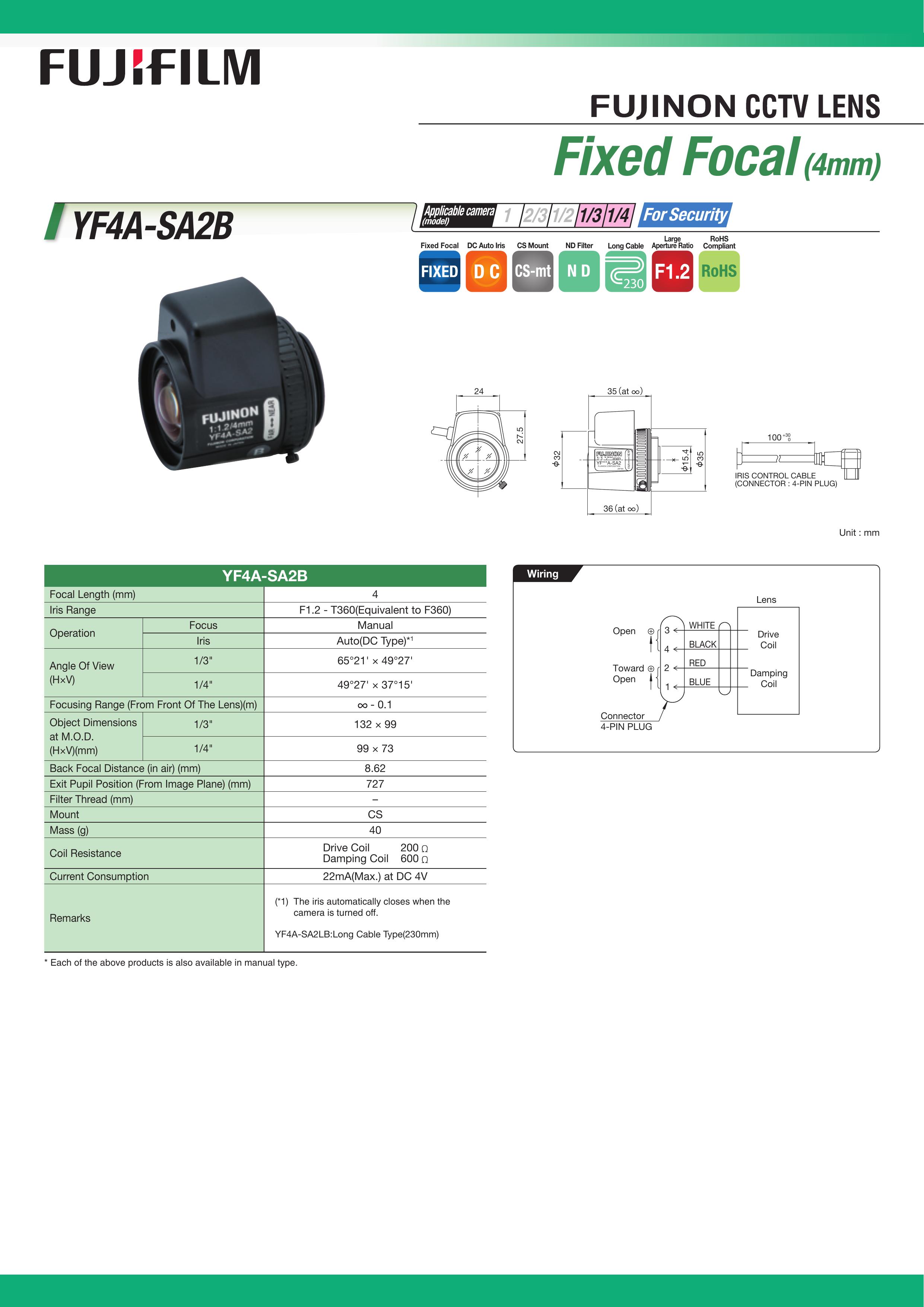 FujiFilm YF4A-SA2B Camera Lens User Manual