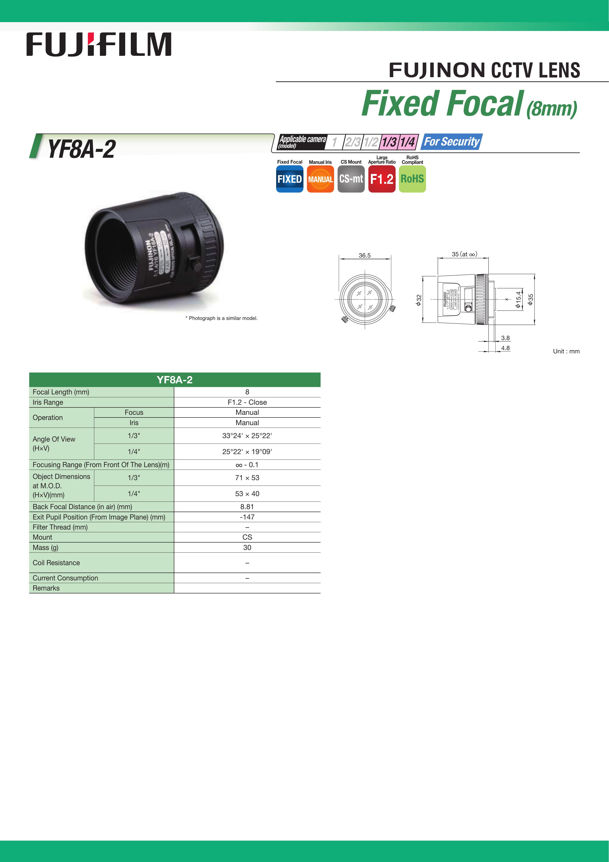 FujiFilm YF8A-2 Camera Lens User Manual