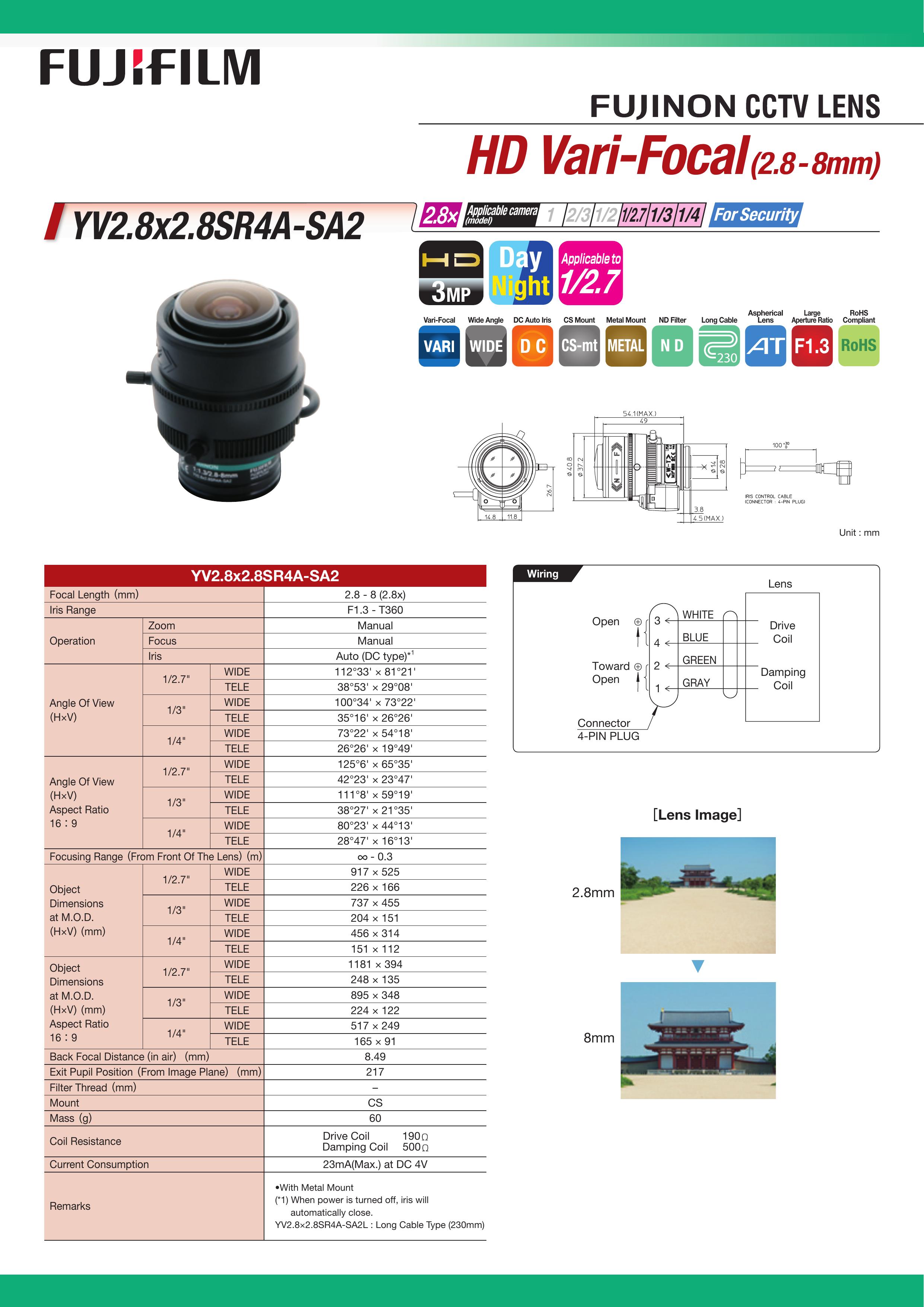 FujiFilm YV2.8X2.8SR4A-SA2 Camera Lens User Manual