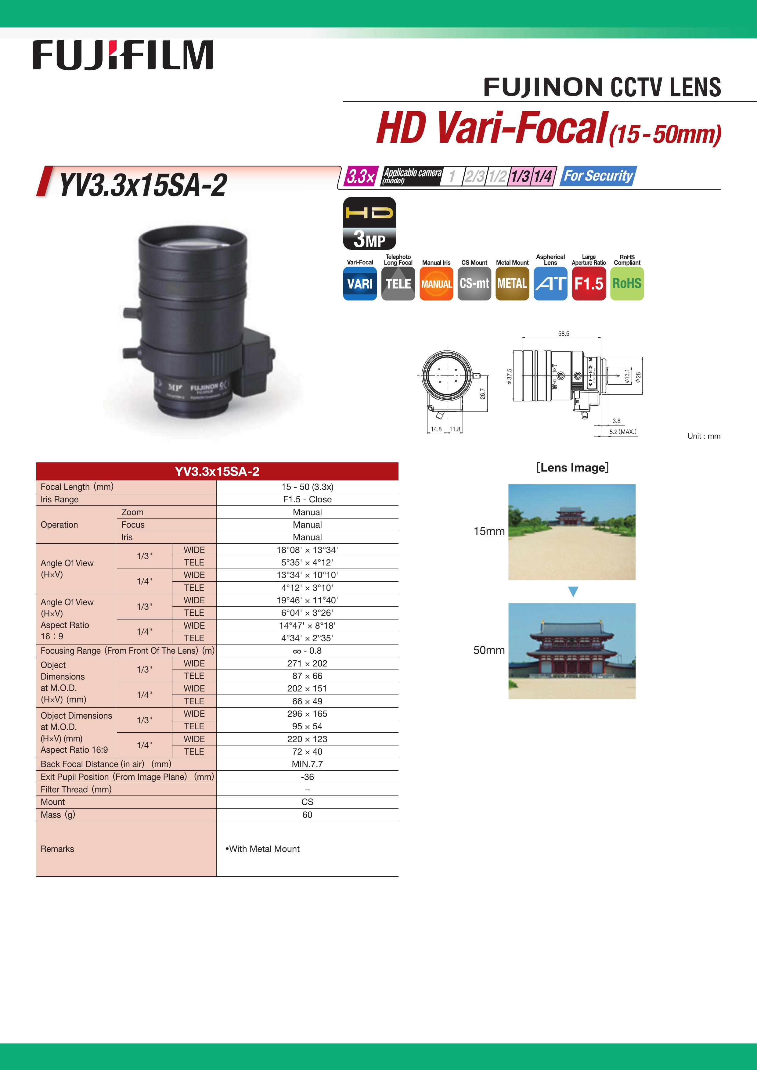 FujiFilm YV3.3X15SA-2 Camera Lens User Manual