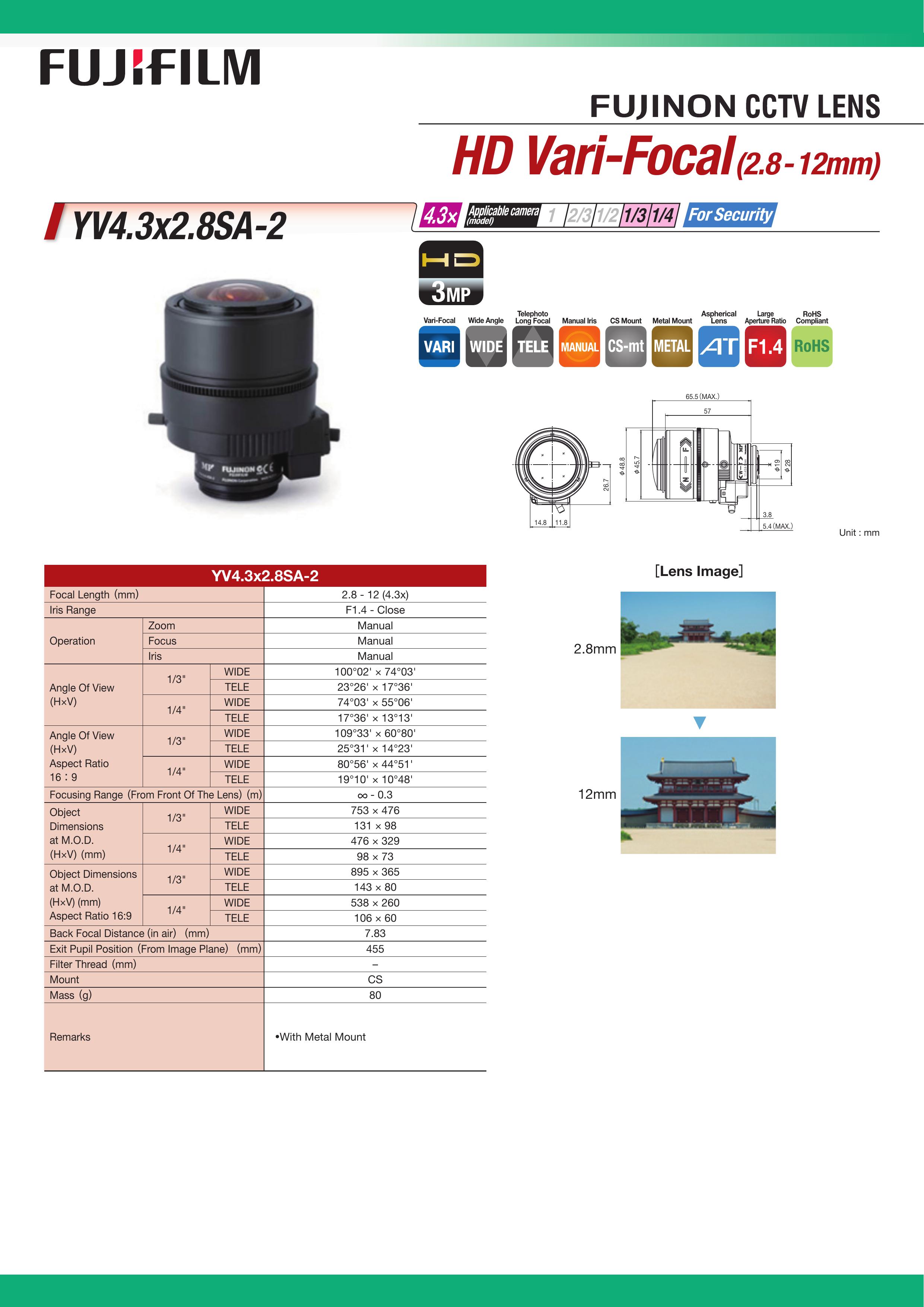 FujiFilm YV4.3X2.8SA-2 Camera Lens User Manual