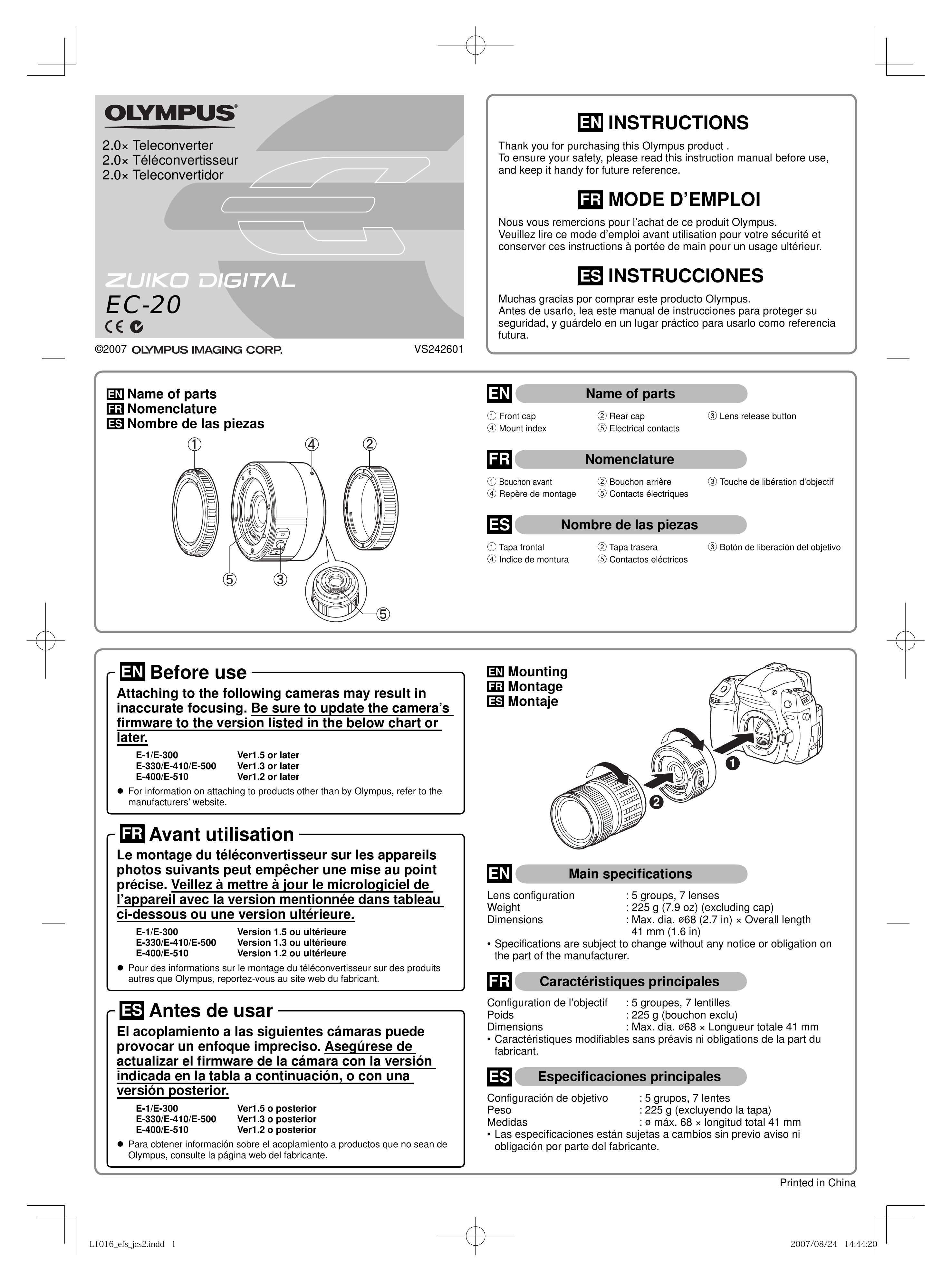 Olympus DIGITAL EC-20 Camera Lens User Manual