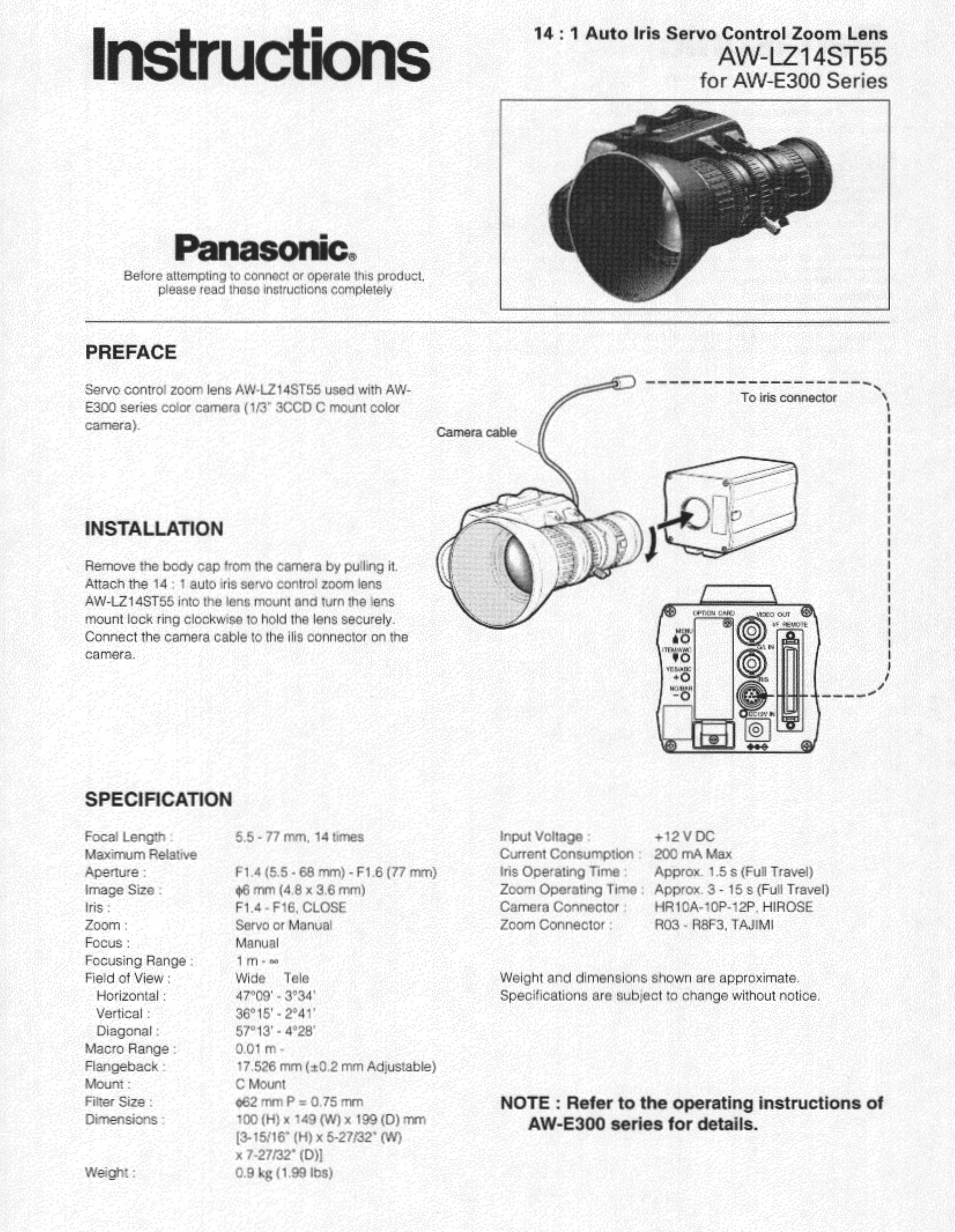 Panasonic AW-LZ14ST55 Camera Lens User Manual