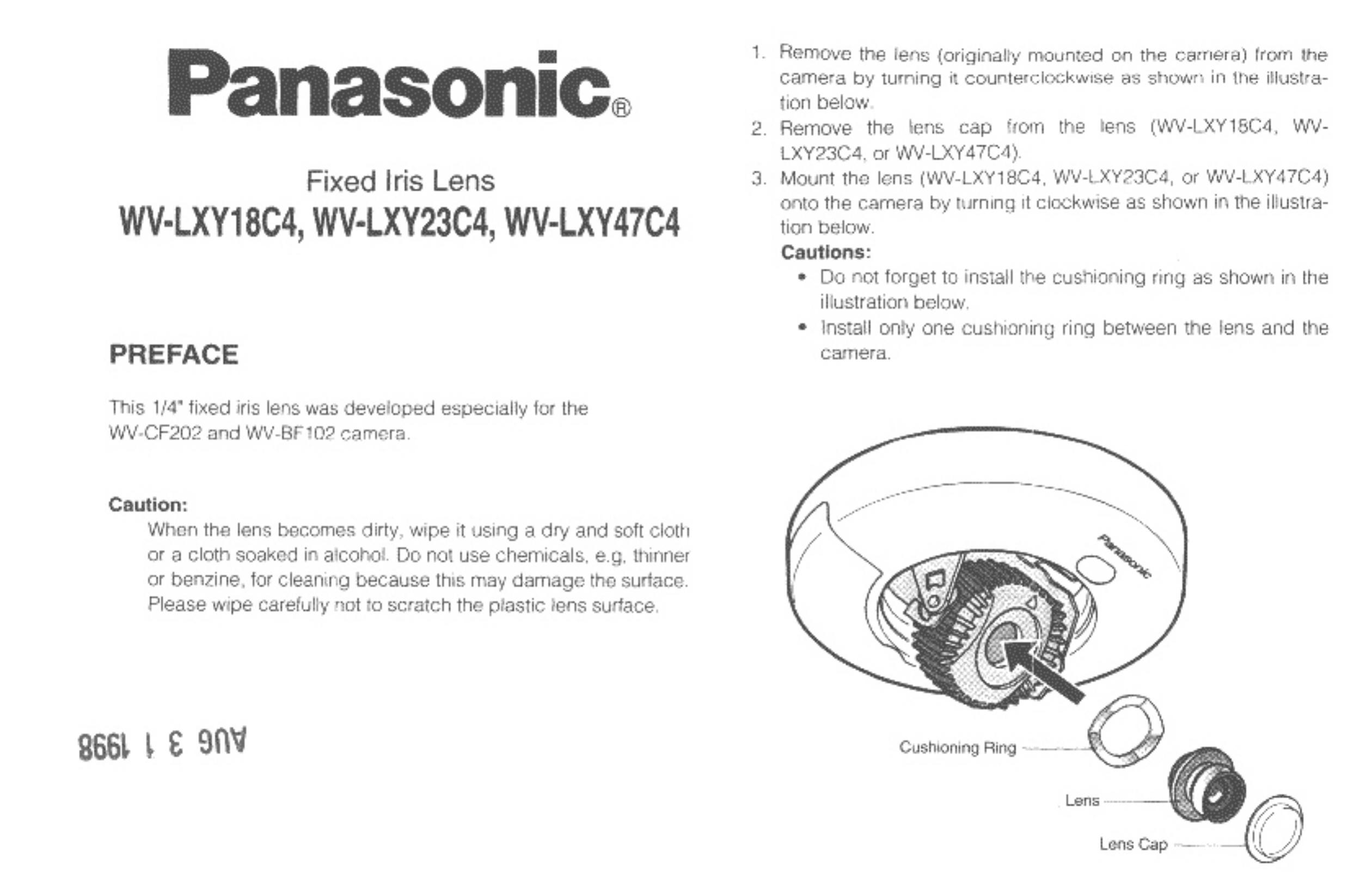 Panasonic WV-LXY18C4 Camera Lens User Manual